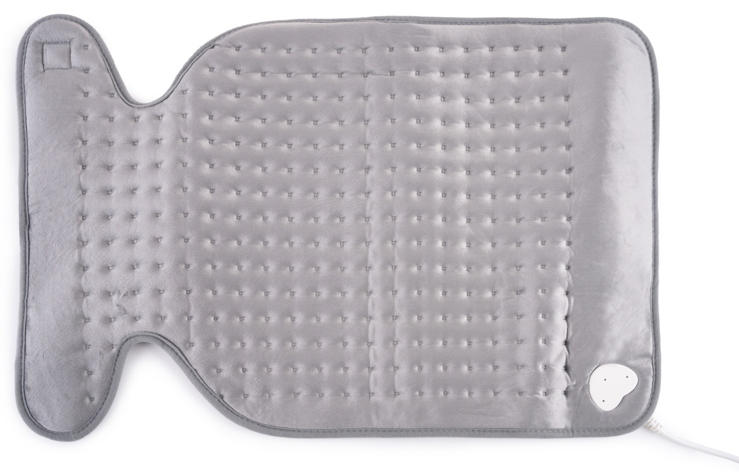 Szara poduszka grzewcza z jednostką sterującą i przewodem. Białe tło.