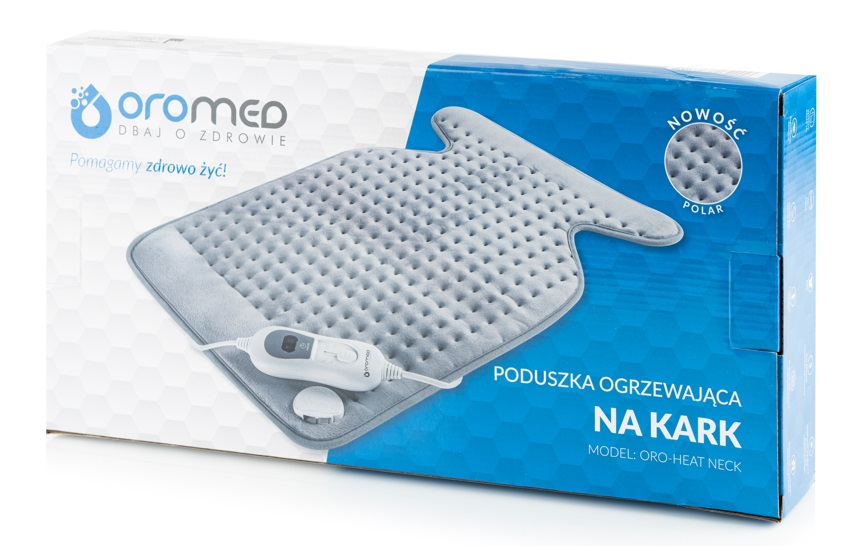 Pudełko z poduszką rozgrzewającą. Szara poduszka rozgrzewająca z białym kontrolerem i przewodem.