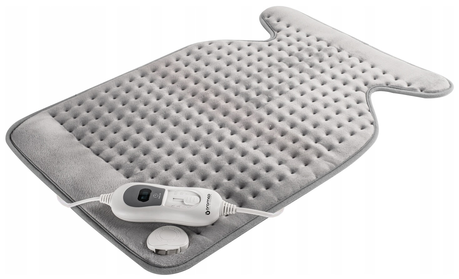 Szara podkładka grzewcza z kontrolerem i okrągłym przyciskiem.