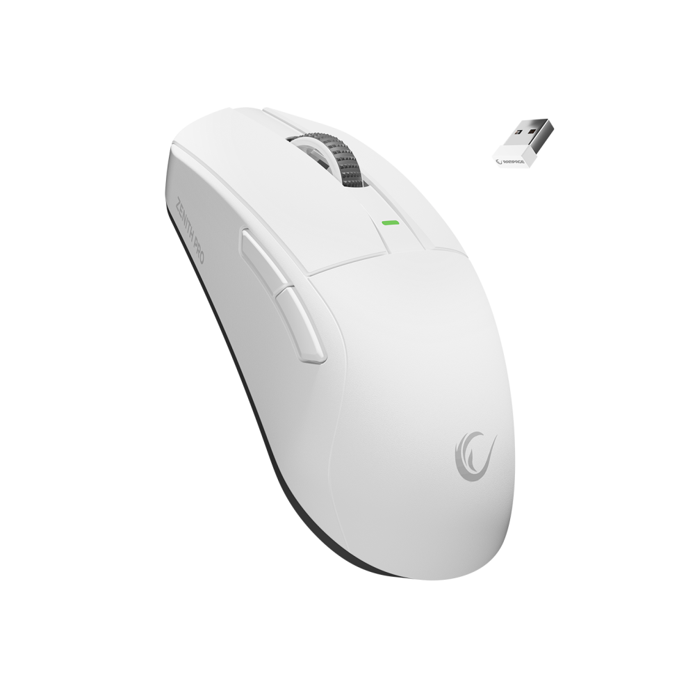 Siyah arka plan üzerinde kaydırma tekerleği ve USB alıcısı olan beyaz Zenith Pro fare.
