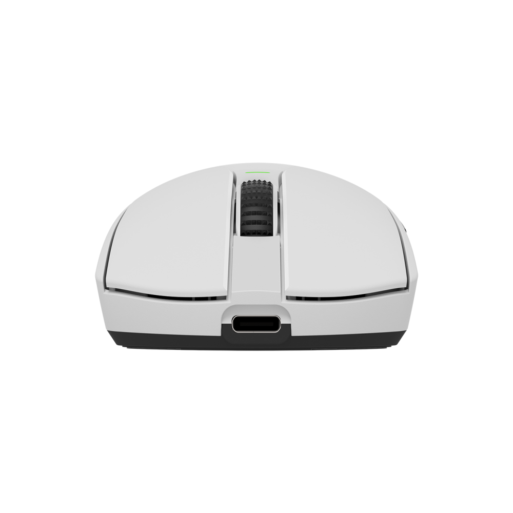 Beyaz bilgisayar faresi. Bir kaydırma tekerleği ve bir USB-C bağlantı noktası var.