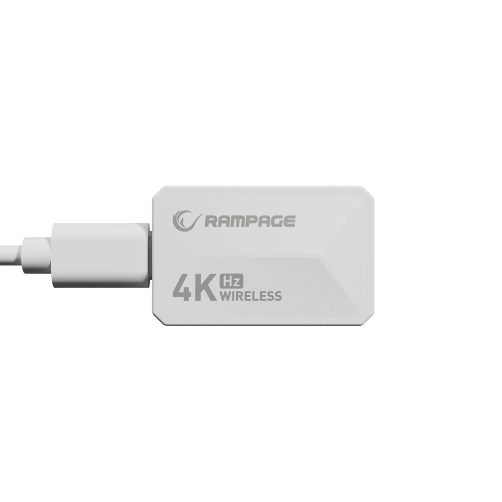 Siyah zemin üzerinde 'RAMPAGE' ve '4K Wireless' yazılı beyaz bir kablosuz cihaz.