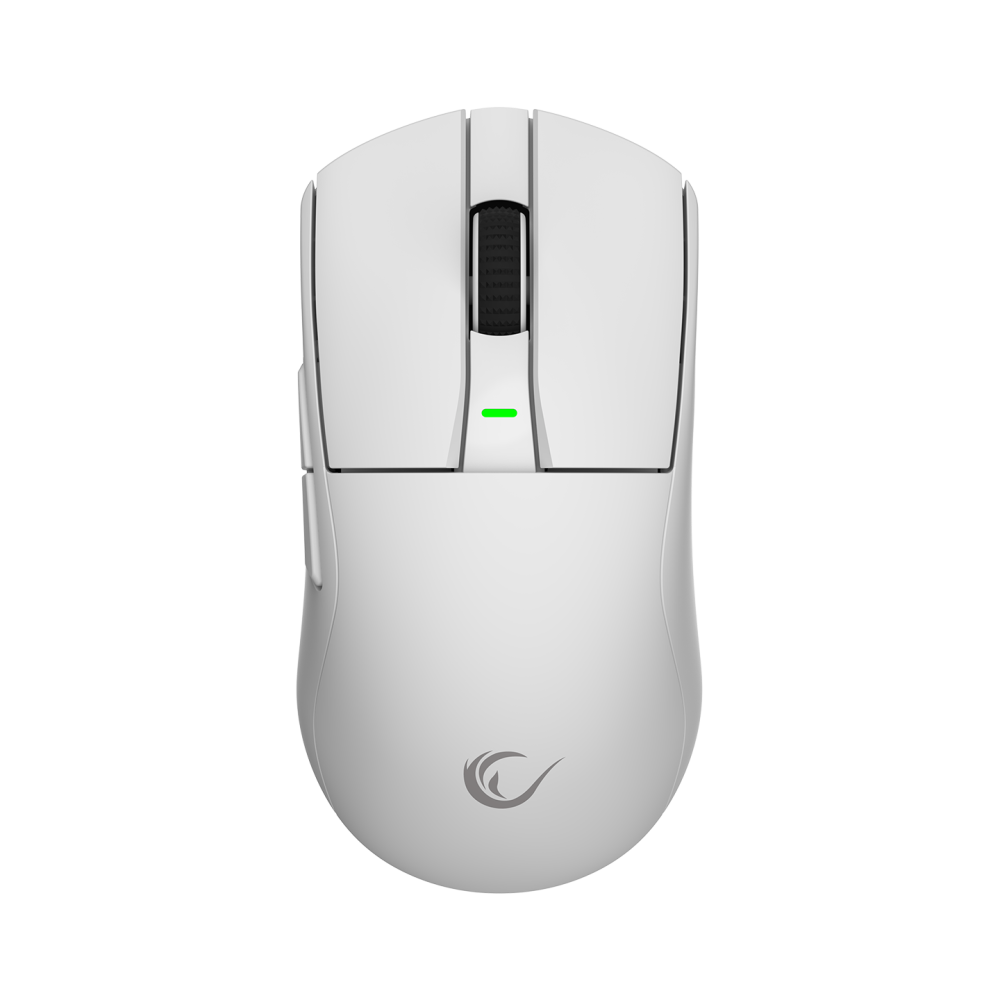 Üstünde kaydırma tekerleği ve yeşil ışık bulunan beyaz bir bilgisayar faresi.