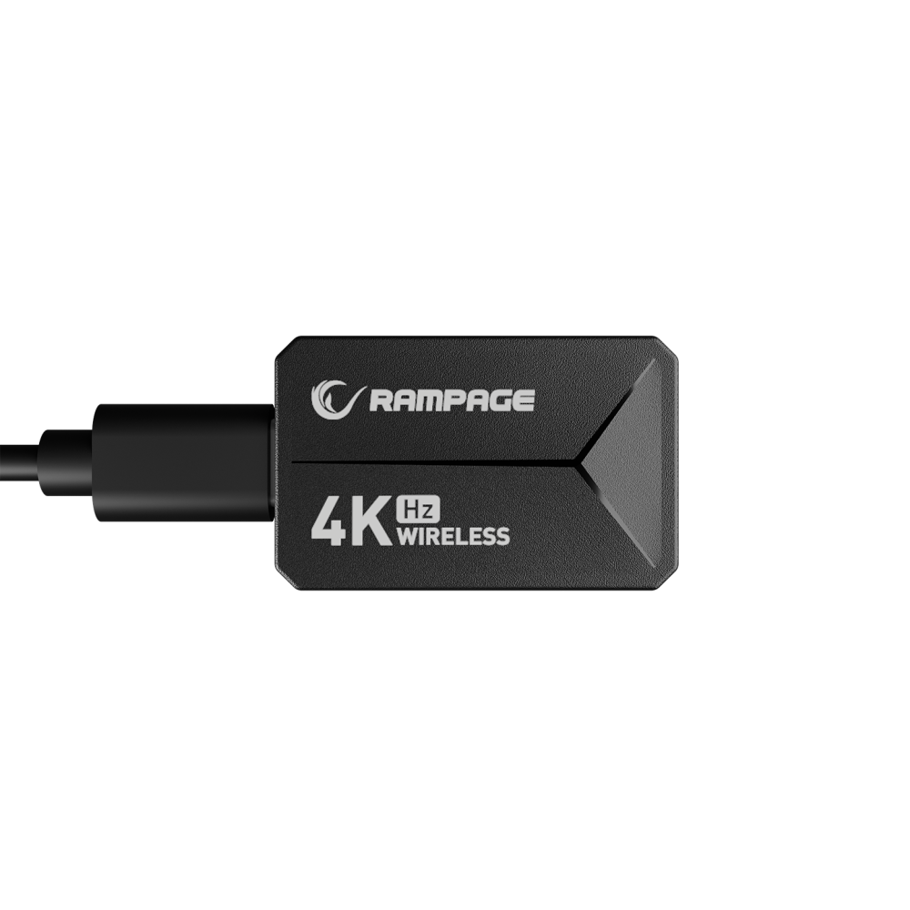 Rampage logosu ve 4K Hz Wireless metni olan siyah konektör, siyah arka plan üzerinde.