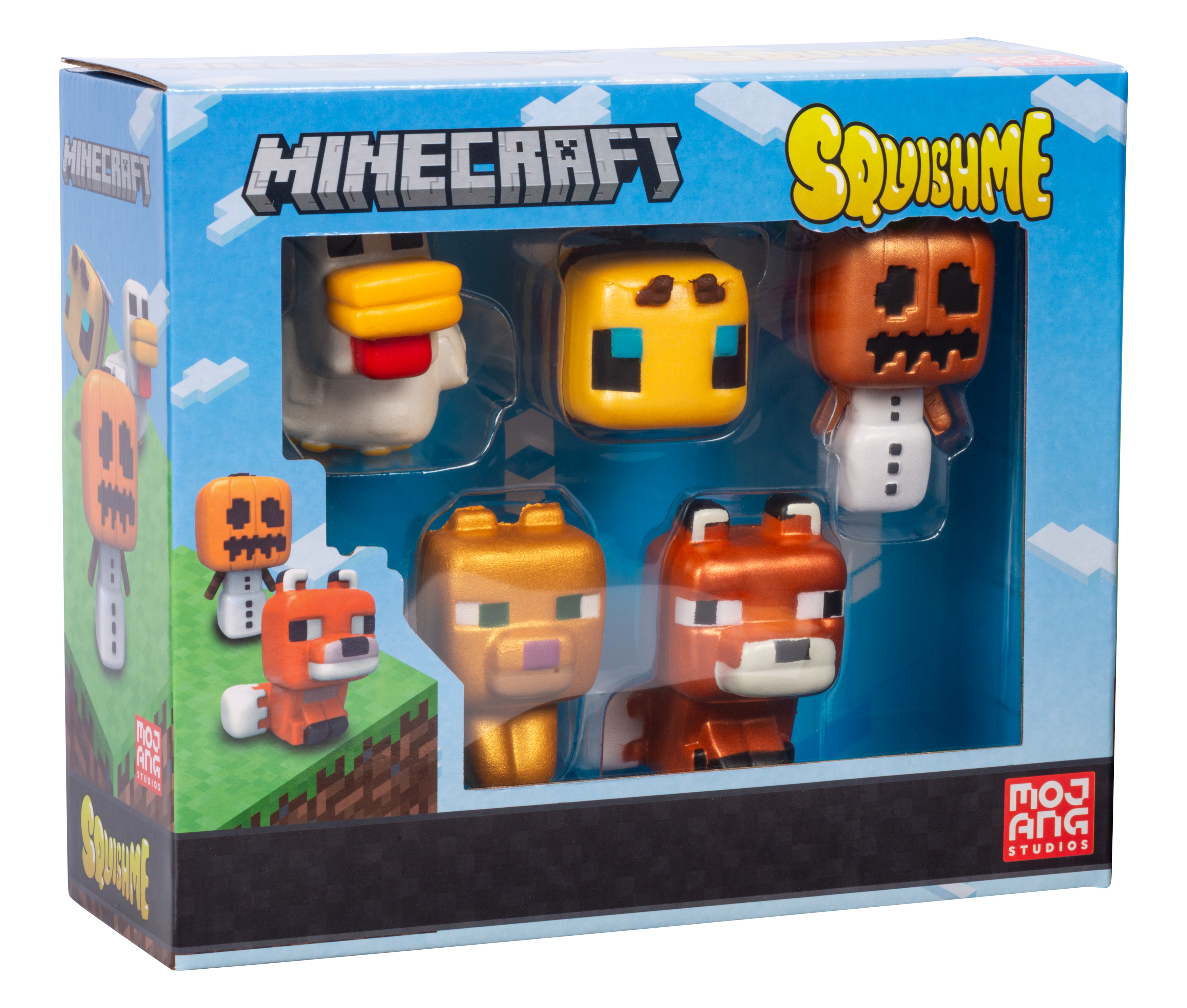 Box-Set mit Minecraft SquishMe-Figuren. Enthält verschiedene Charakterfiguren, verpackt in einer bunten Box.