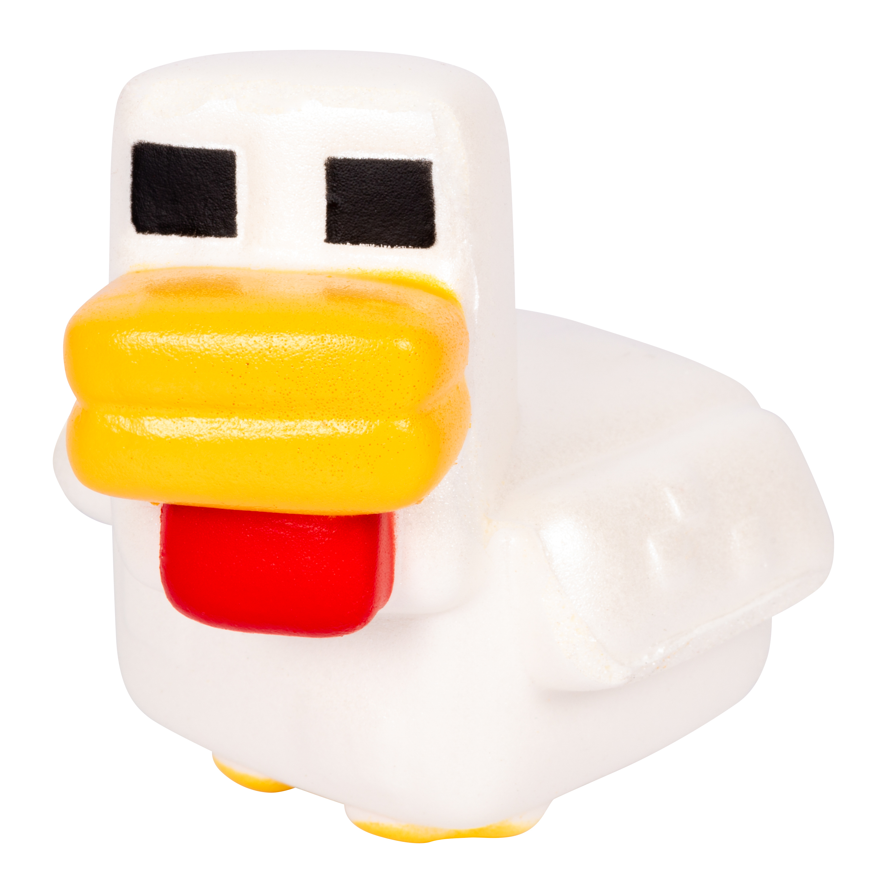 Weiße Minecraft-Hühnerfigur mit schwarzen Augen, gelbem Schnabel und roter Zunge.