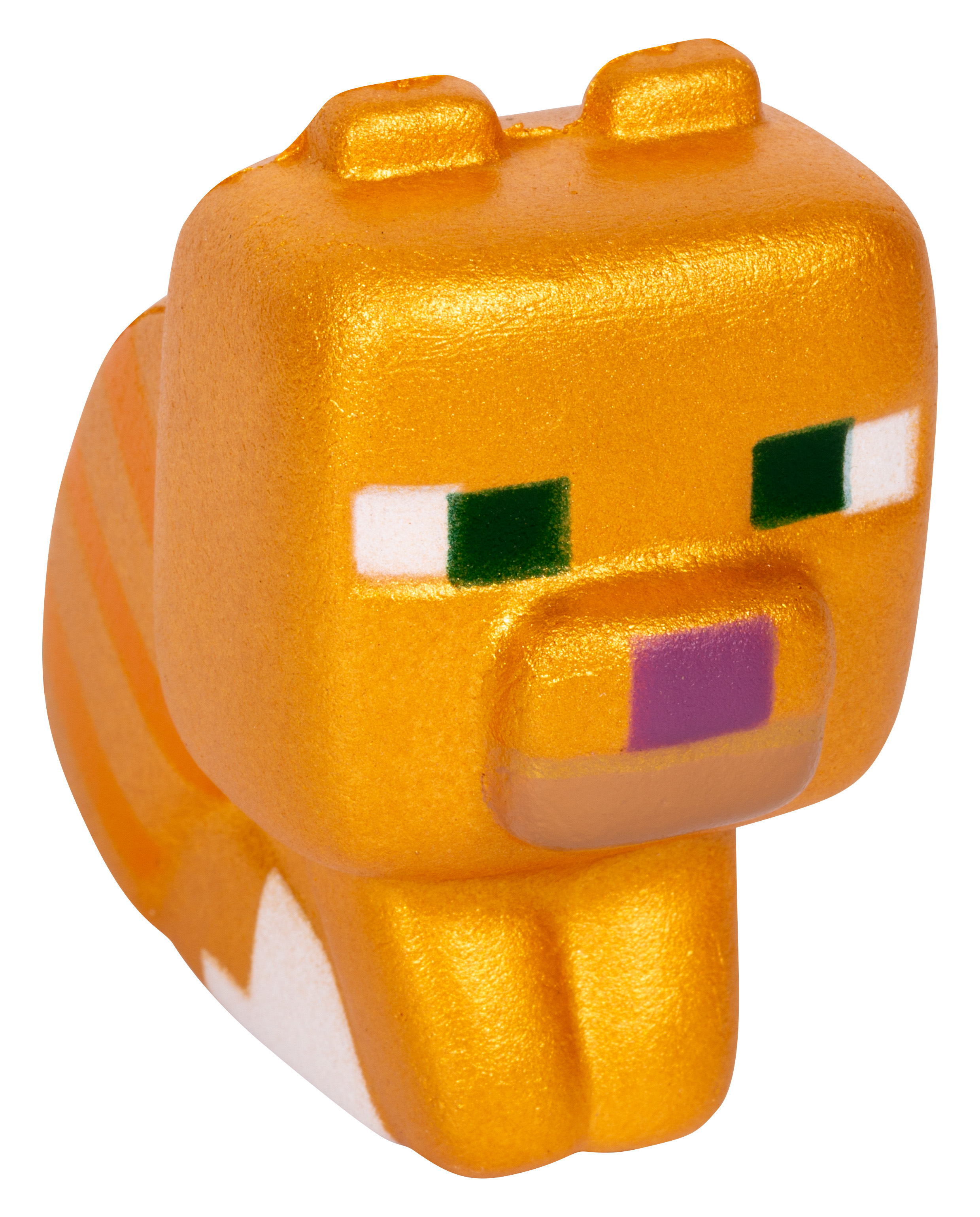 Eine Minecraft-Katzenfigur. Die Katze hat einen goldenen Körper, grüne Augen und einen lila Mund.