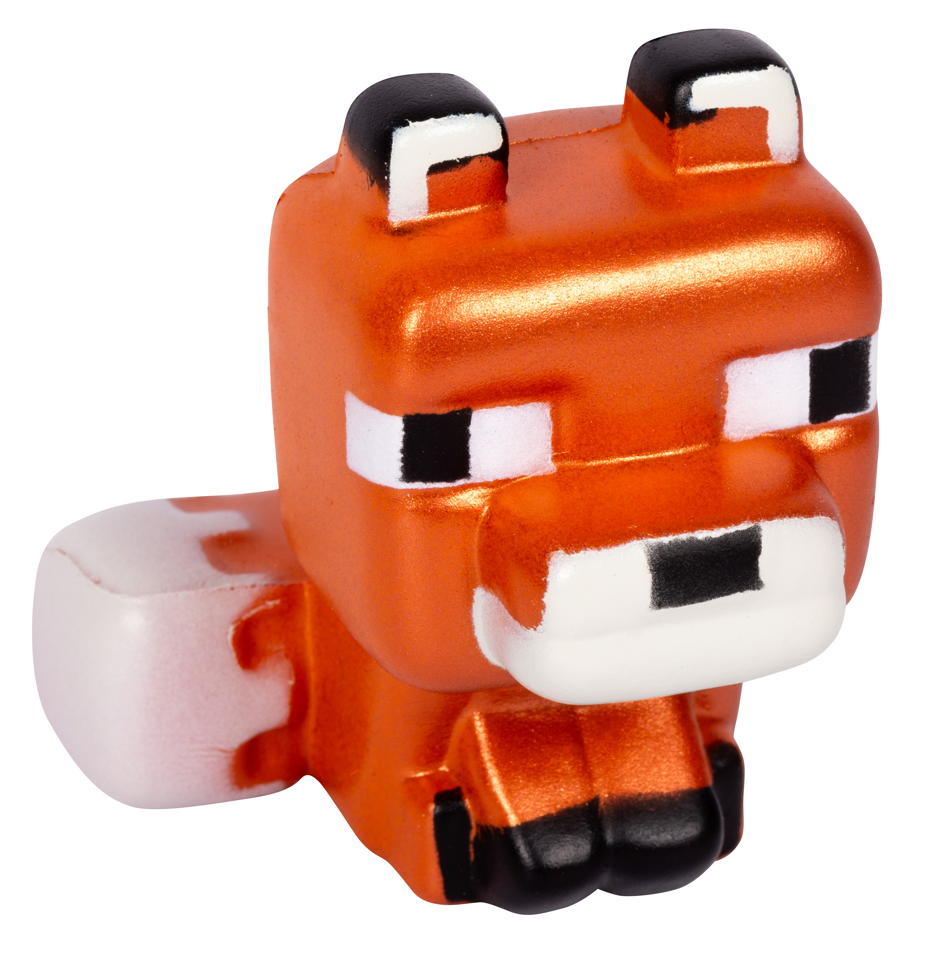 Orangenes Minecraft-Fuchs-Spielzeug mit schwarzen Details. Das Spielzeug hat ein blockartiges Charakterdesign.