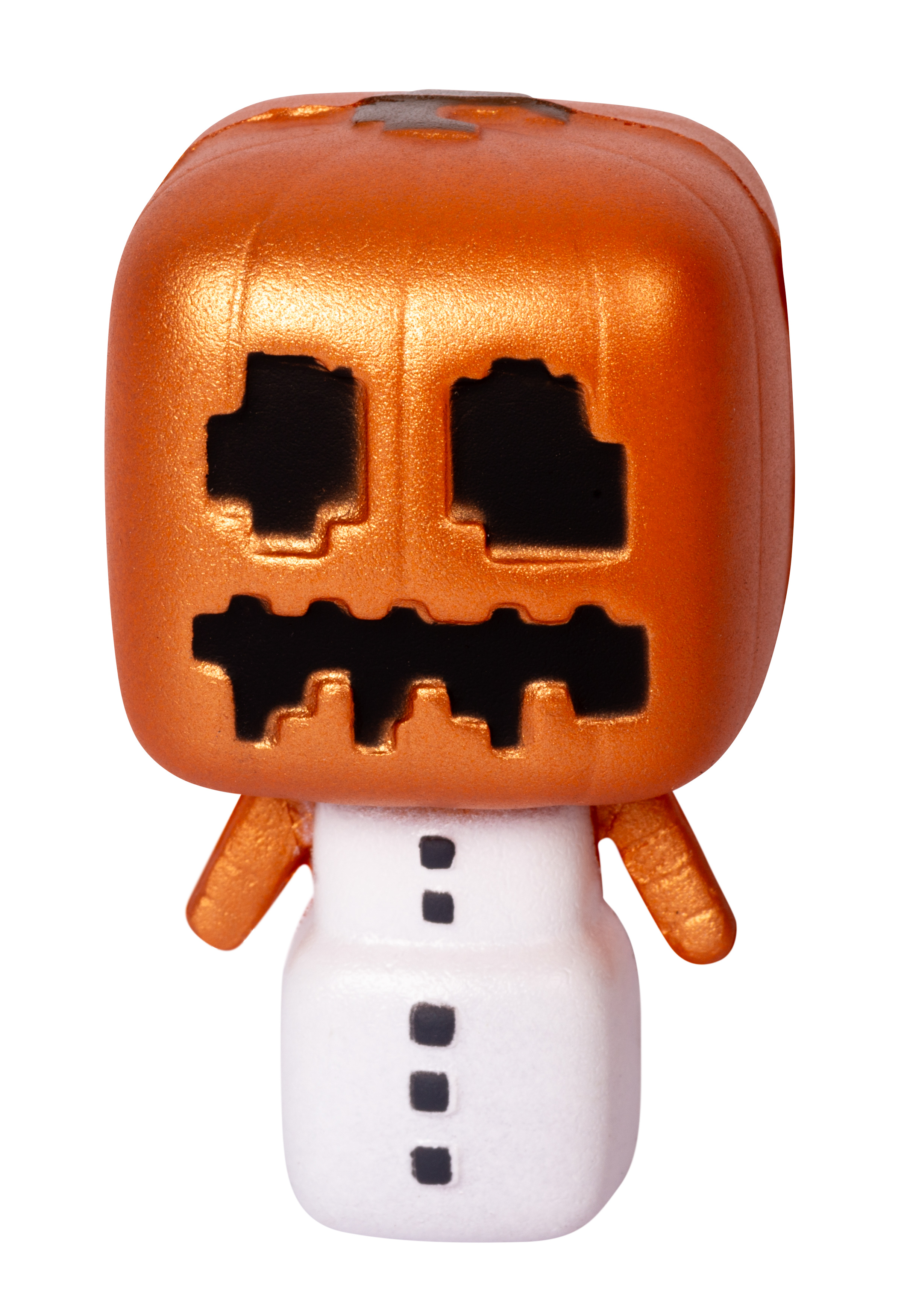 Eine Minecraft Jack o' Lantern-Figur mit einem Kürbiskopf und einem weißen Körper.