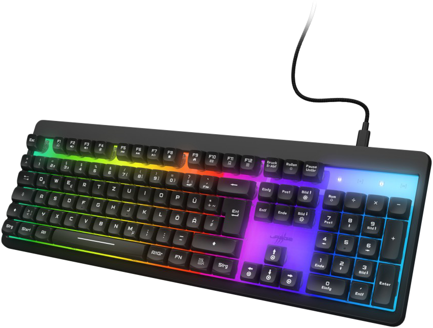 Fekete gamer billentyűzet szivárványszínű gombokkal. Vezetékes csatlakozással és fekete kerettel.