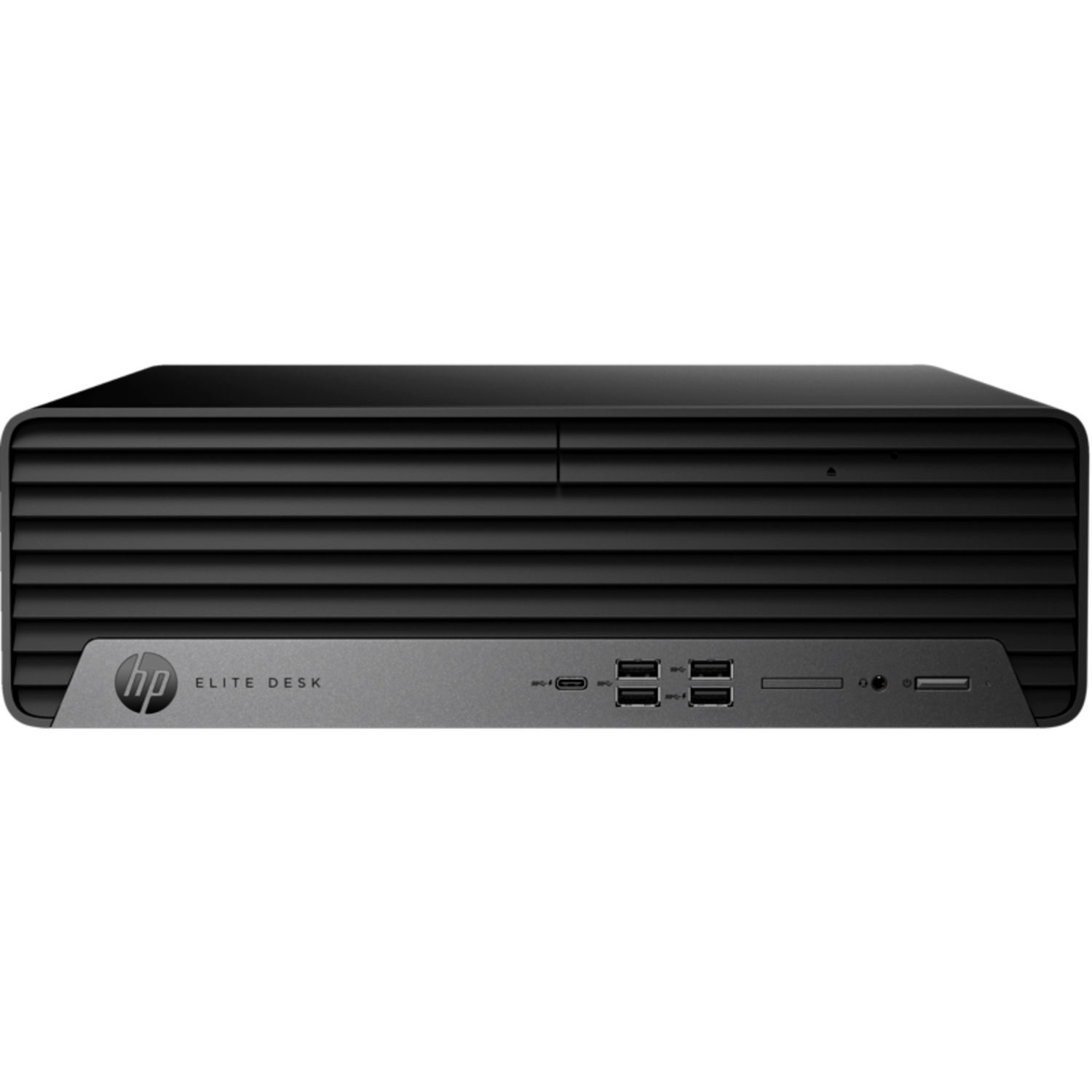 Zwarte HP EliteDesk computer met zilveren frontpaneel en poorten.