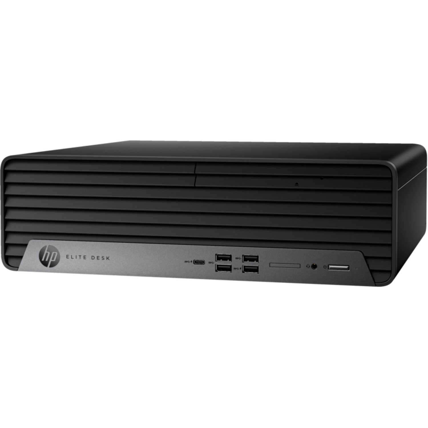 Een zwarte HP EliteDesk-computer op een witte achtergrond. Het heeft verschillende poorten en een aan/uit-knop.