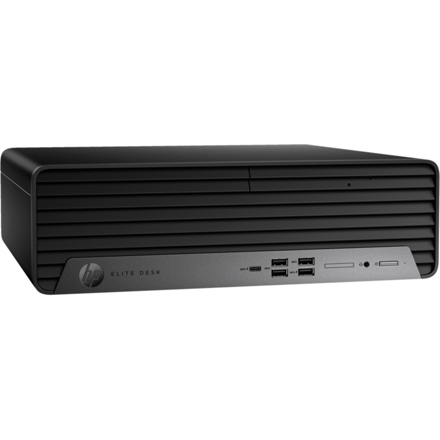 Zwarte HP EliteDesk computer met een grijs frontpaneel.
