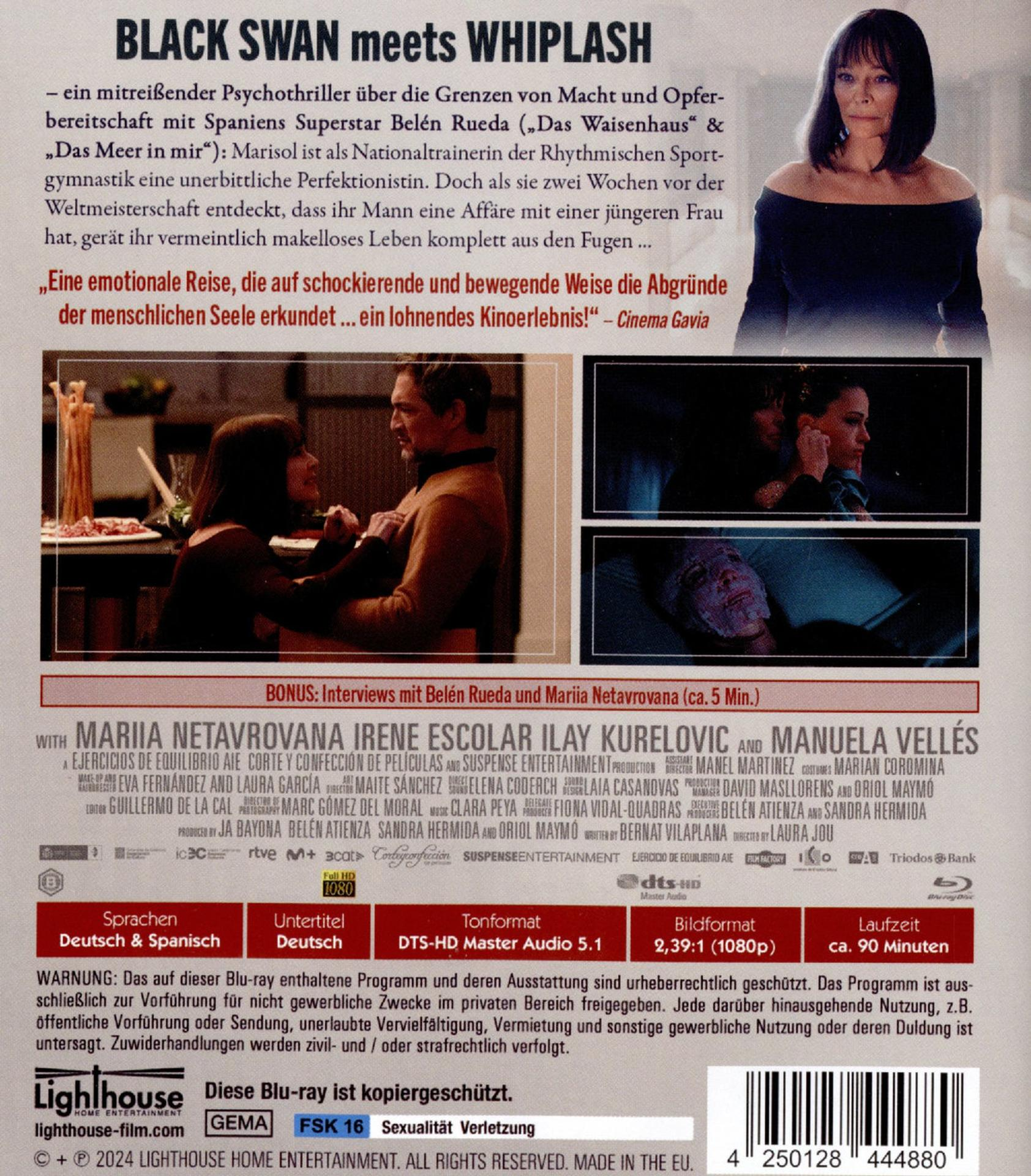 Rückseite einer DVD-Hülle mit Text und Bildern über einen Film mit einer Frau auf dem Cover.