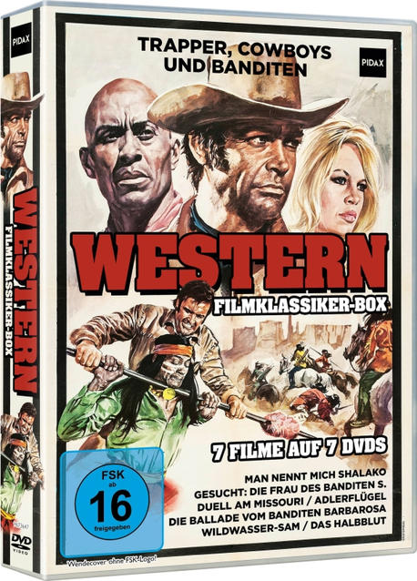 Ein Box-Set eines Western-Films mit mehreren Charakteren und Titeln im Cartoon-Stil.