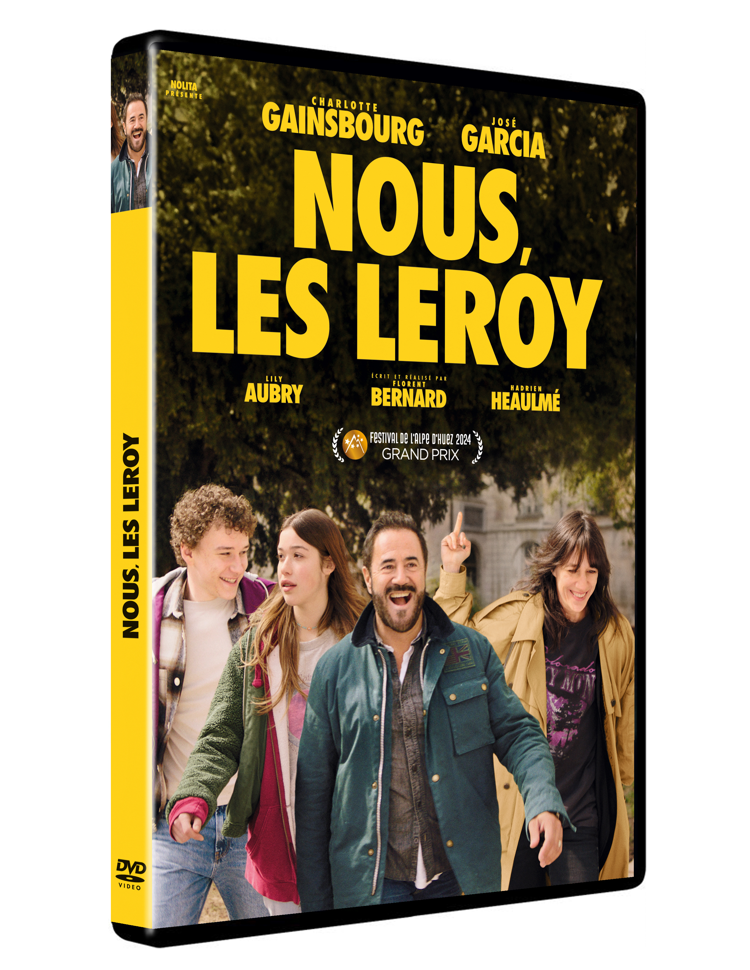 DVD-hoes voor 'Nous Les Leroy' met groep mensen. Gele rug met titel.
