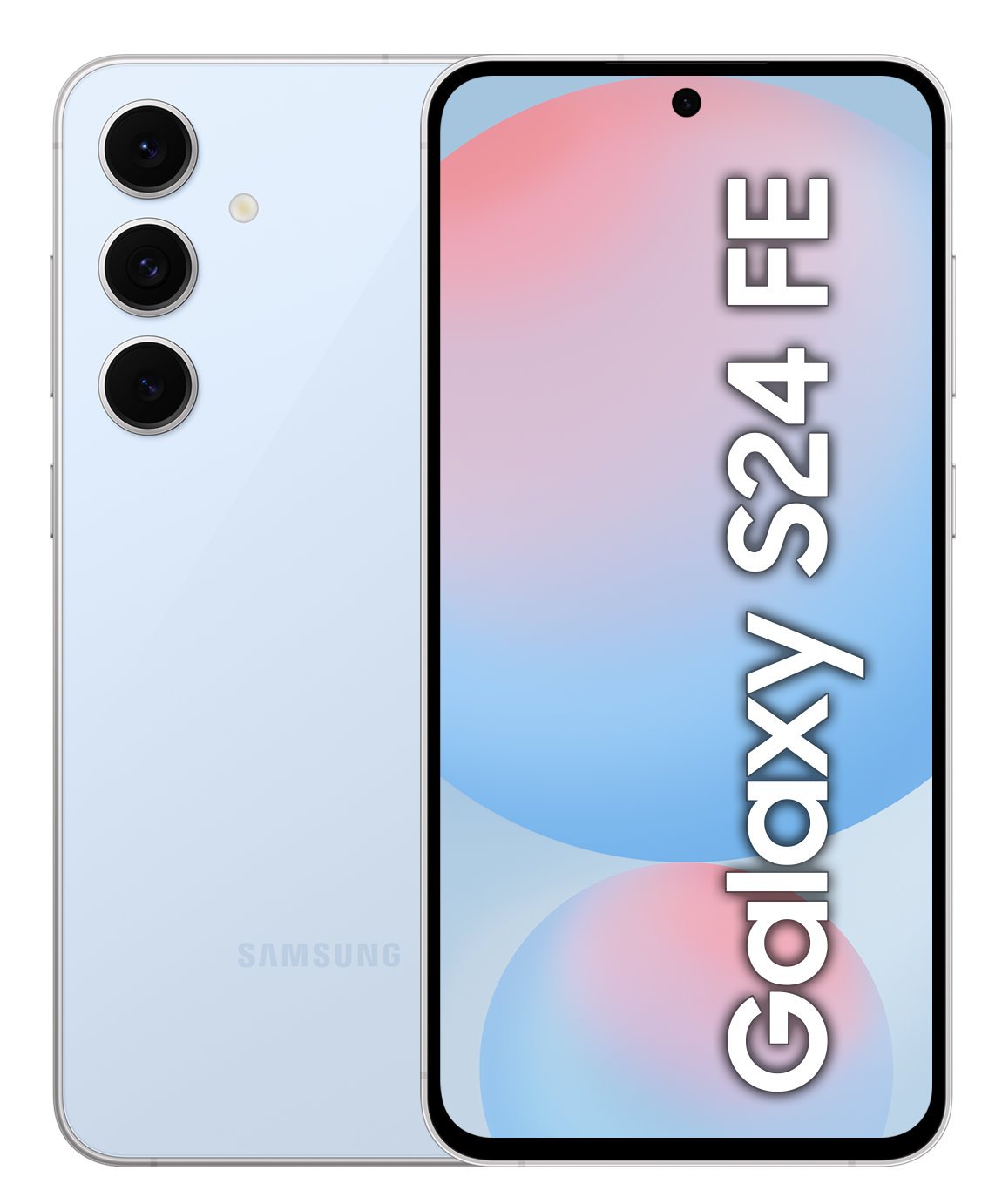 Jasnoniebieski telefon Galaxy S24 FE pokazuje swój ekran.
