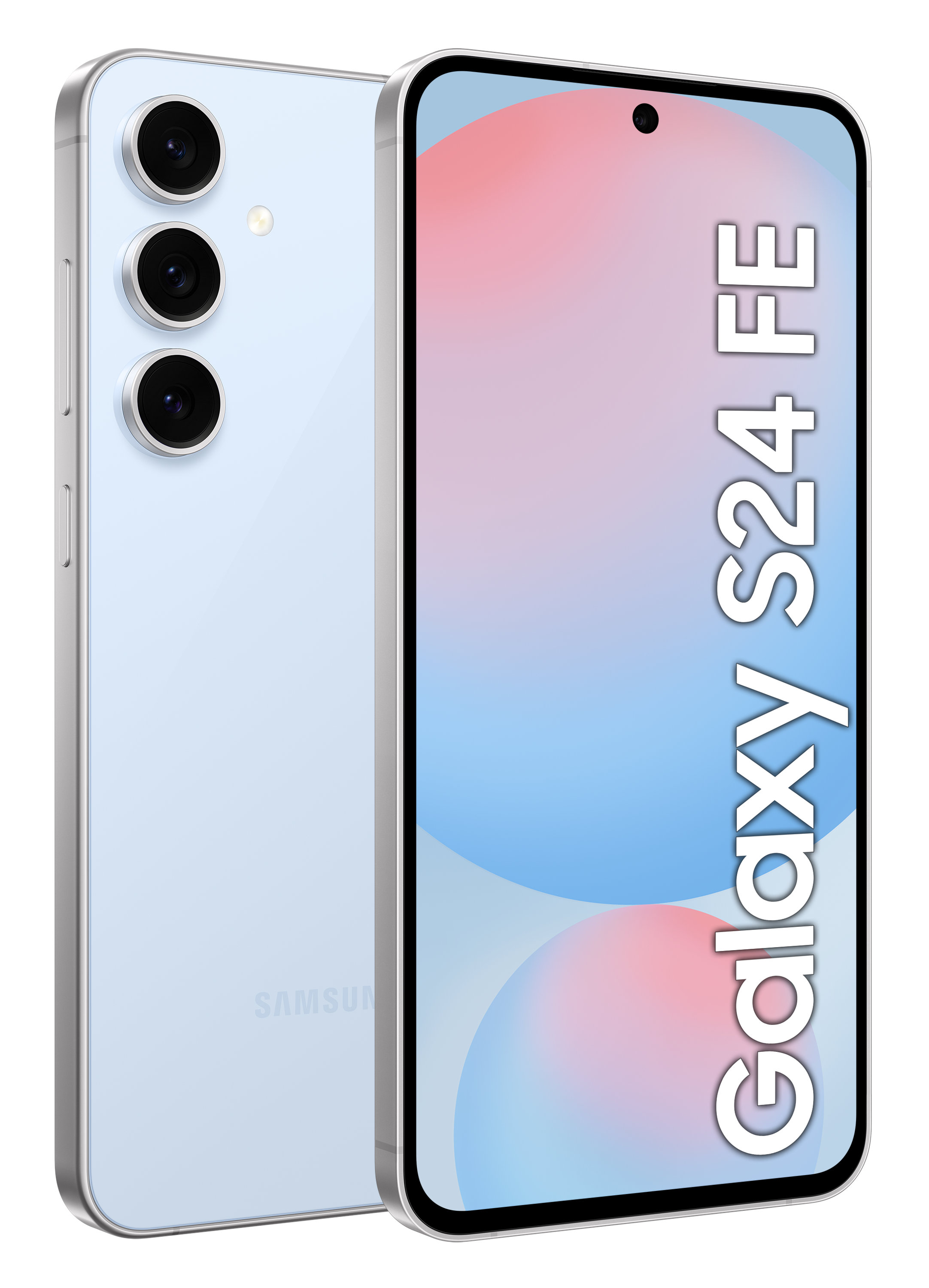 Jasnoniebieski Samsung Galaxy S24 FE. Telefon pokazano z przodu i z tyłu.