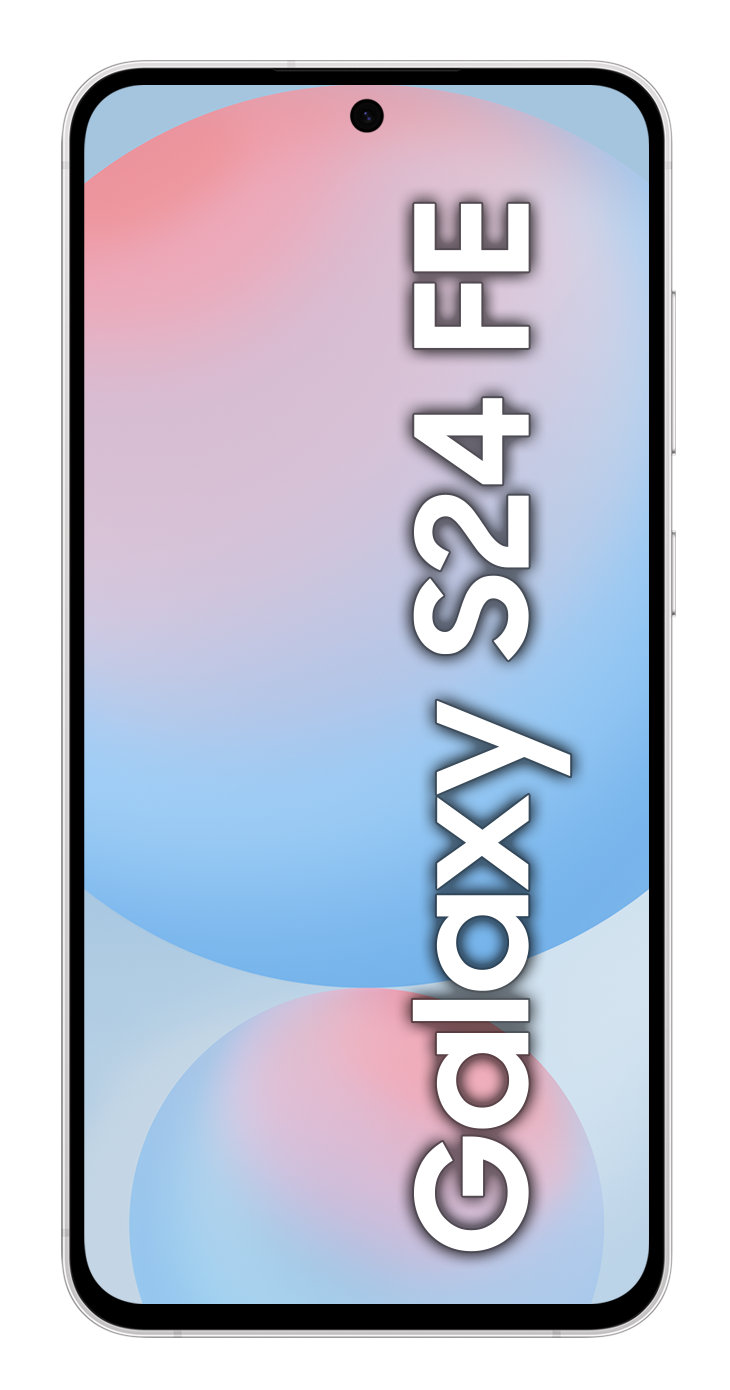 Biały smartfon z tekstem "Galaxy S24 FE" i kolorowym abstrakcyjnym tłem.