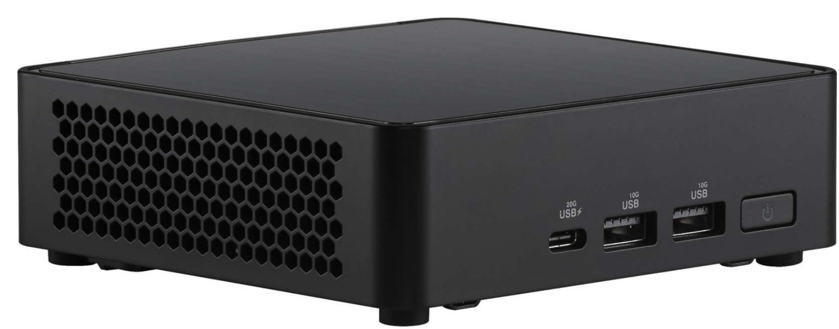 Schwarzer Mini-Computer mit Wabenbelüftung, USB-Anschlüssen und Ein-/Aus-Taste. Er hat eine matte Oberfläche. Der Hintergrund ist weiß.