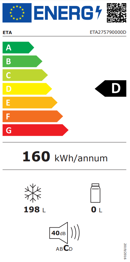 Energia címke hűtőszekrényhez. Energiahatékonyságot, kapacitást és zajszintet mutat.