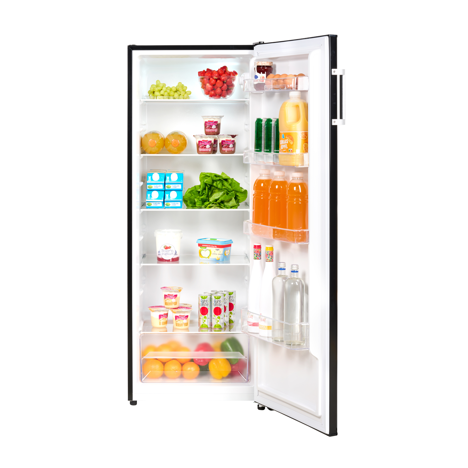 An open refrigerator filled with various fruits, vegetables, drinks, and dairy products. It is well-stocked.