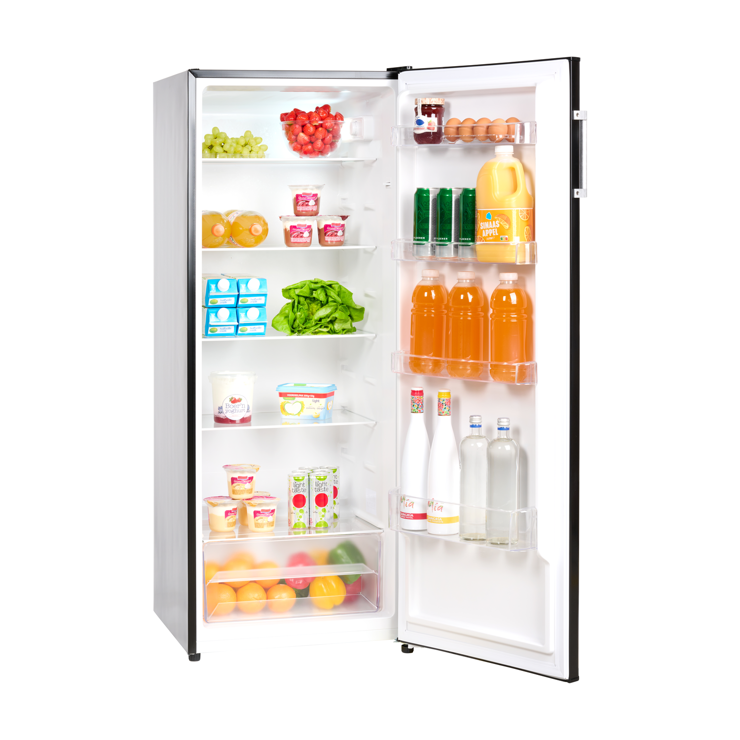 A refrigerator with the door open. It's filled with food items like fruits, drinks and vegetables.