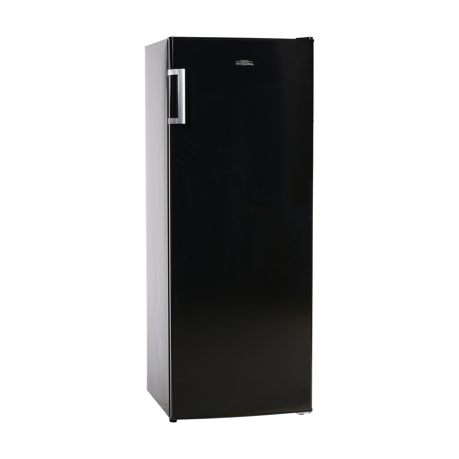 A black refrigerator on a white background. It has a silver handle, and the Everglades logo is on the top.