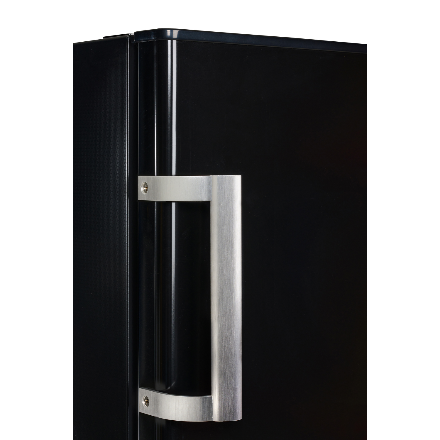 Close-up of a black refrigerator with a silver handle.