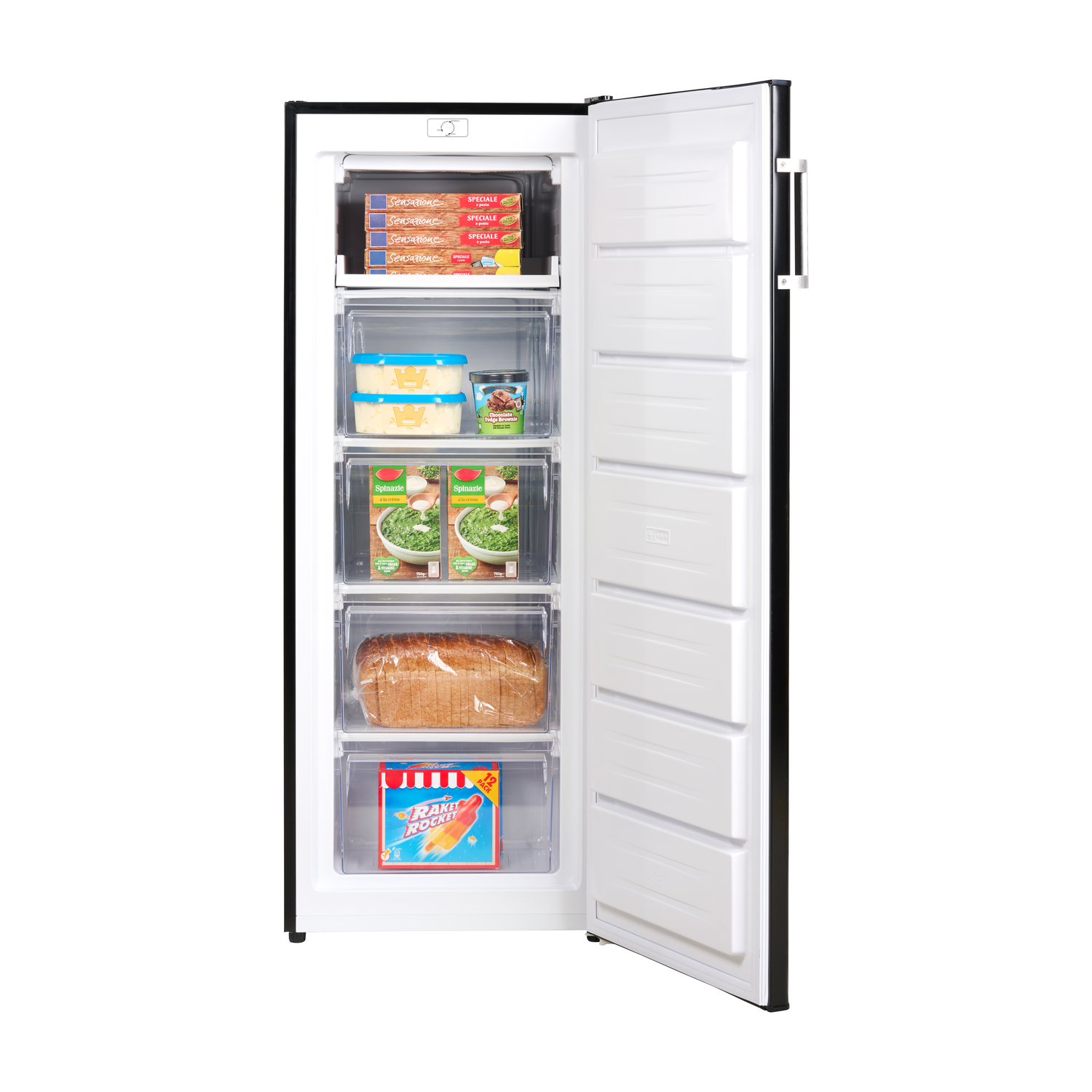 Open freezer with food inside. Drawers with different frozen items visible.