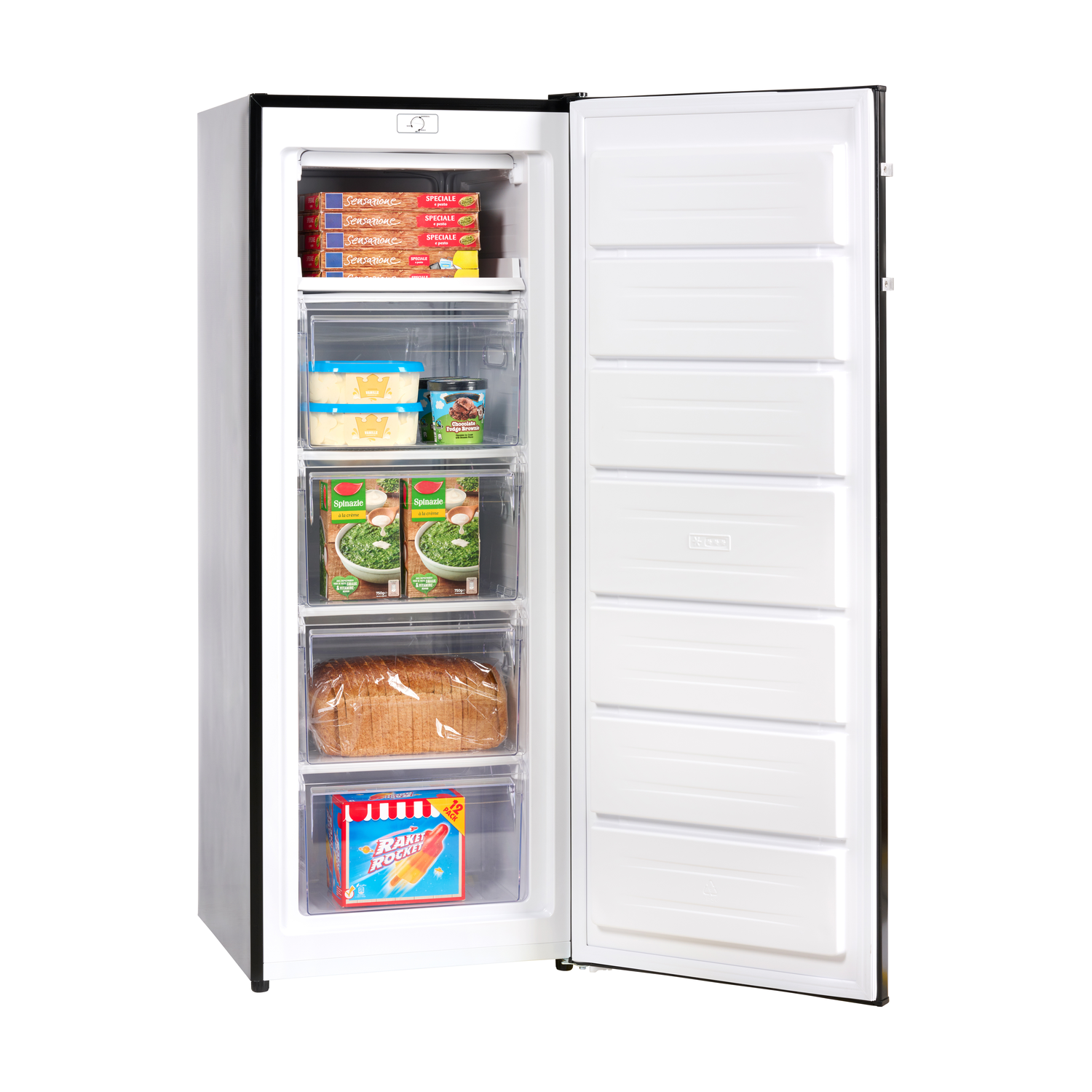 Open freezer with shelves filled with food items: frozen meals, bread, and ice cream.
