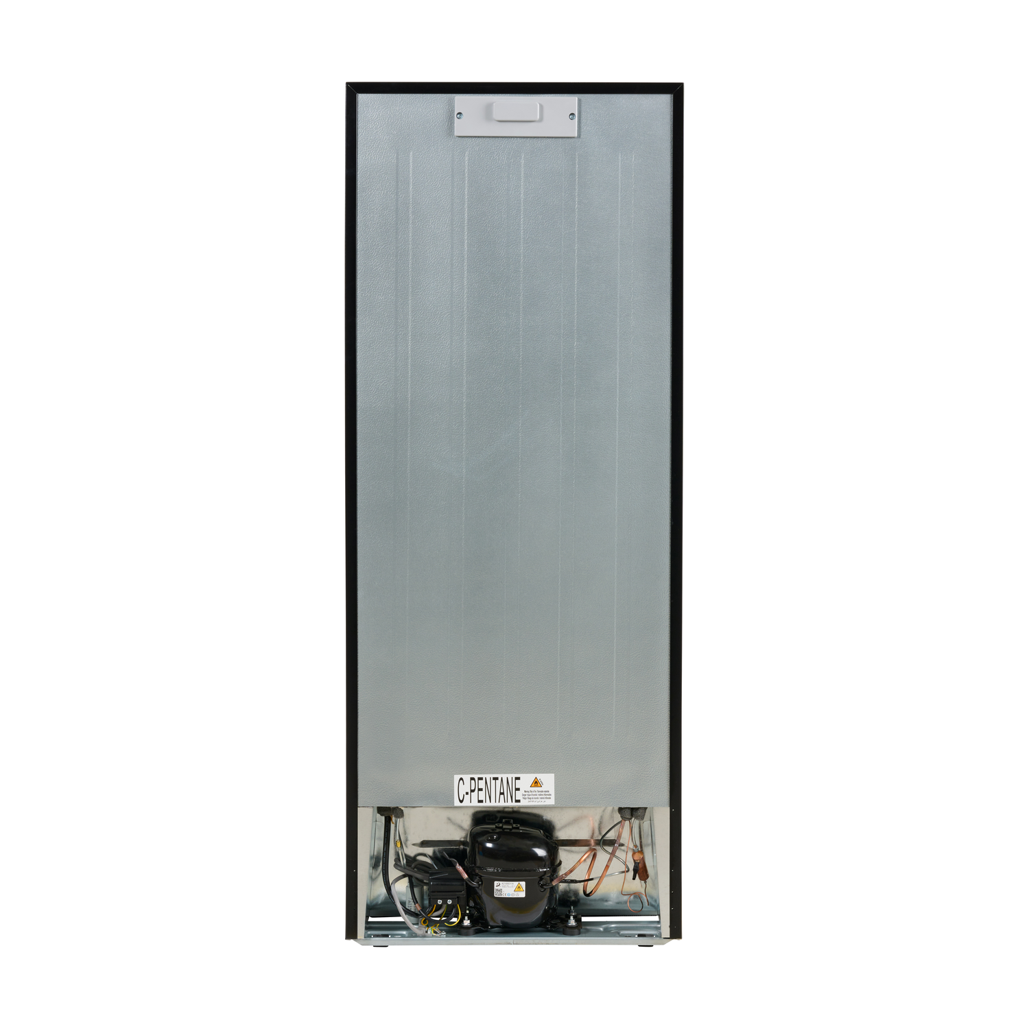 The back of a refrigerator with the compressor and other components visible.