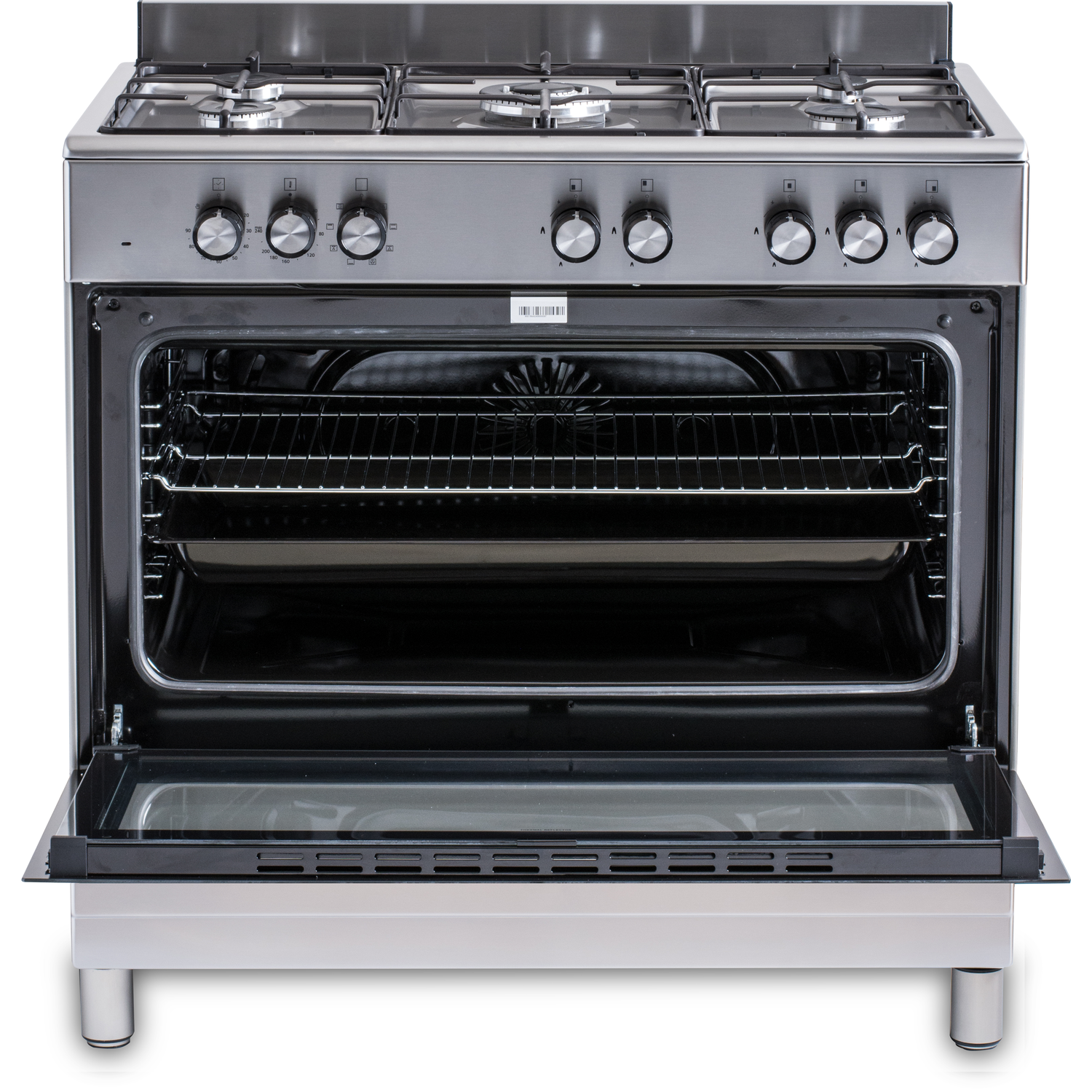 Roestvrijstalen oven met open deur. Interieur met rekken. Gaskookplaat met knoppen. Geïsoleerd op witte achtergrond.