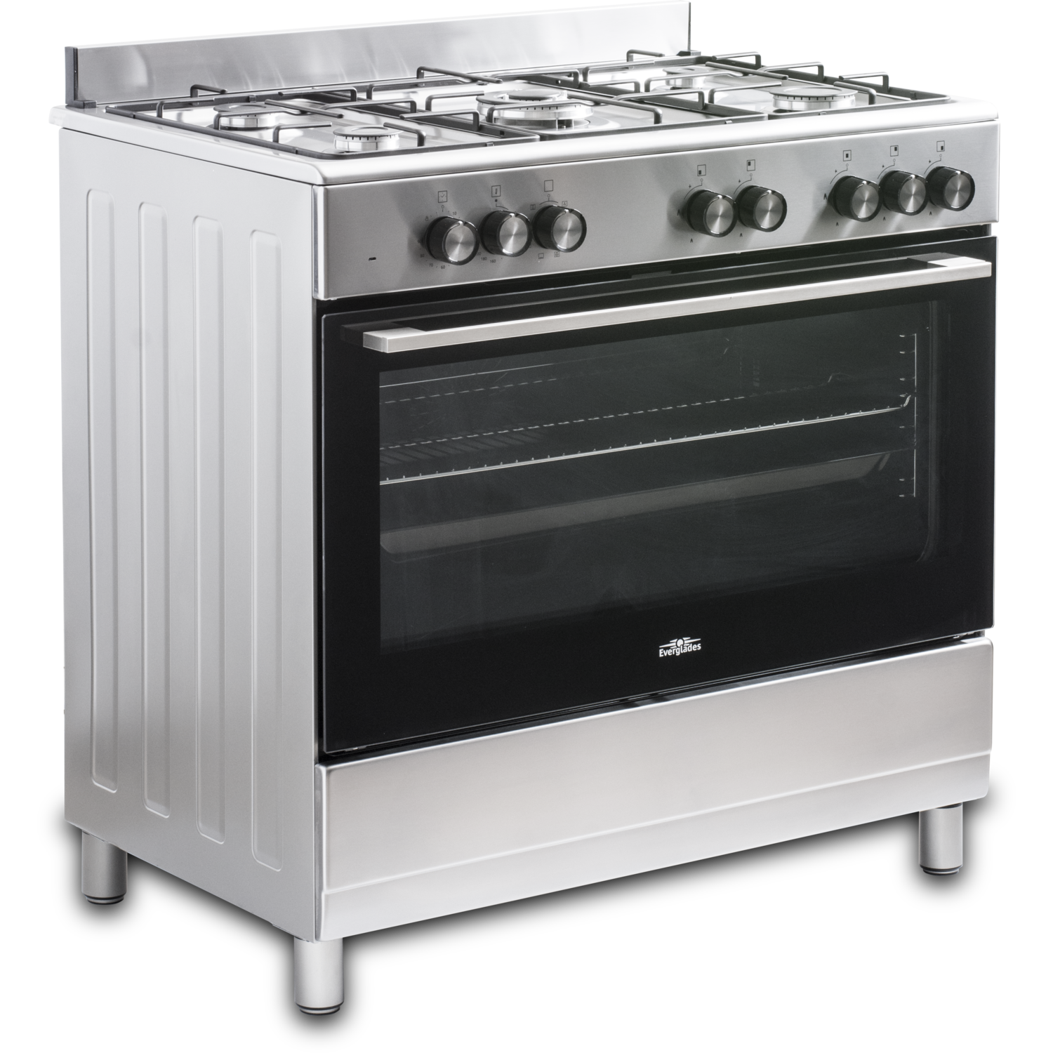 Rvs oven met vier branders bovenop. De oven heeft een zwarte deur en zilveren handgrepen.