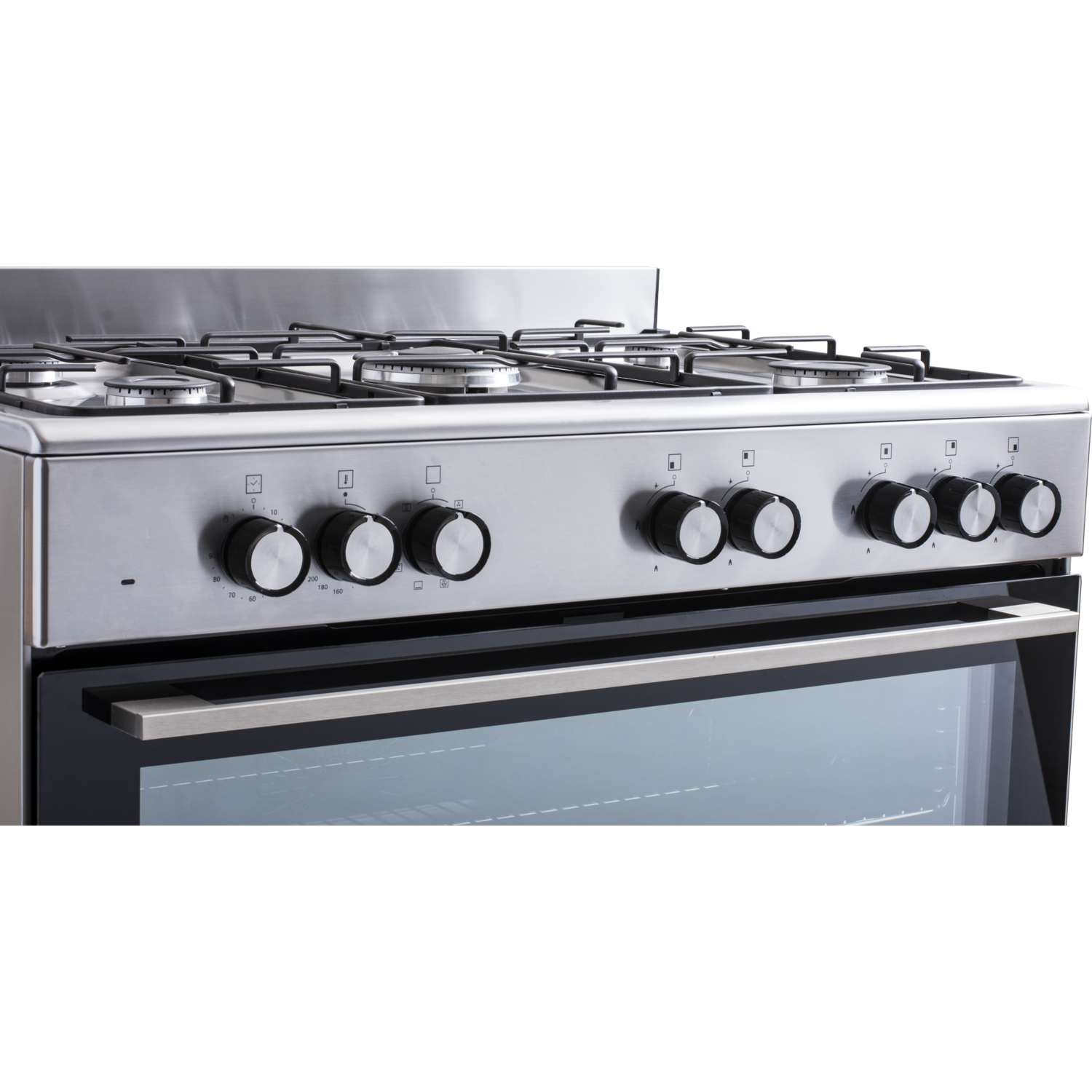 Close-up van een roestvrijstalen oven met zes branders bovenop. Knoppen en handvat zichtbaar.
