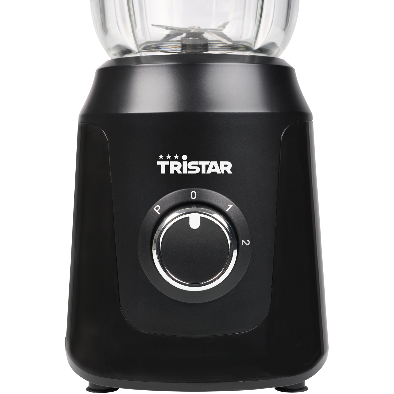 Black blender with glass jar. The control knob shows 0, 1, 2, and P. Brand name is Tristar.