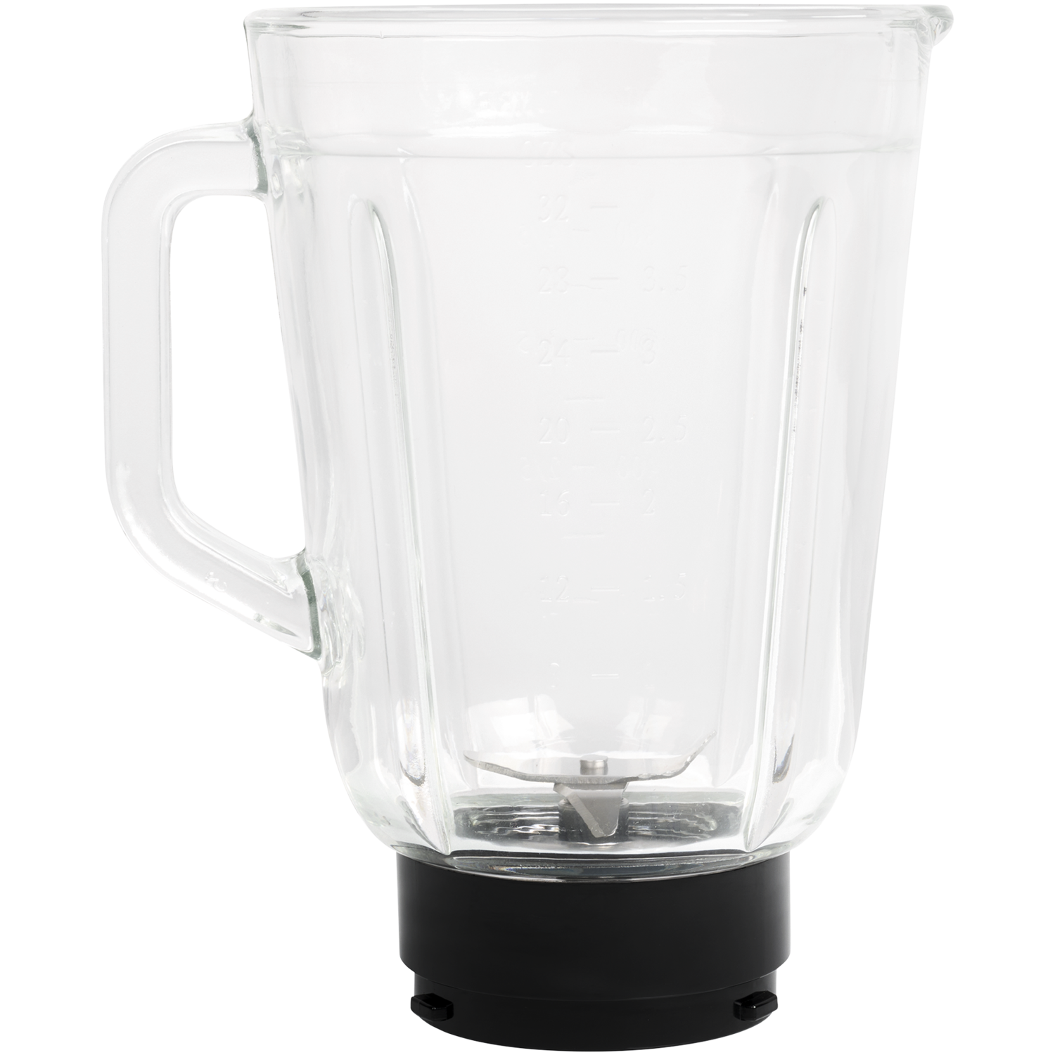 A clear glass blender jar with a handle, blade, and black base.