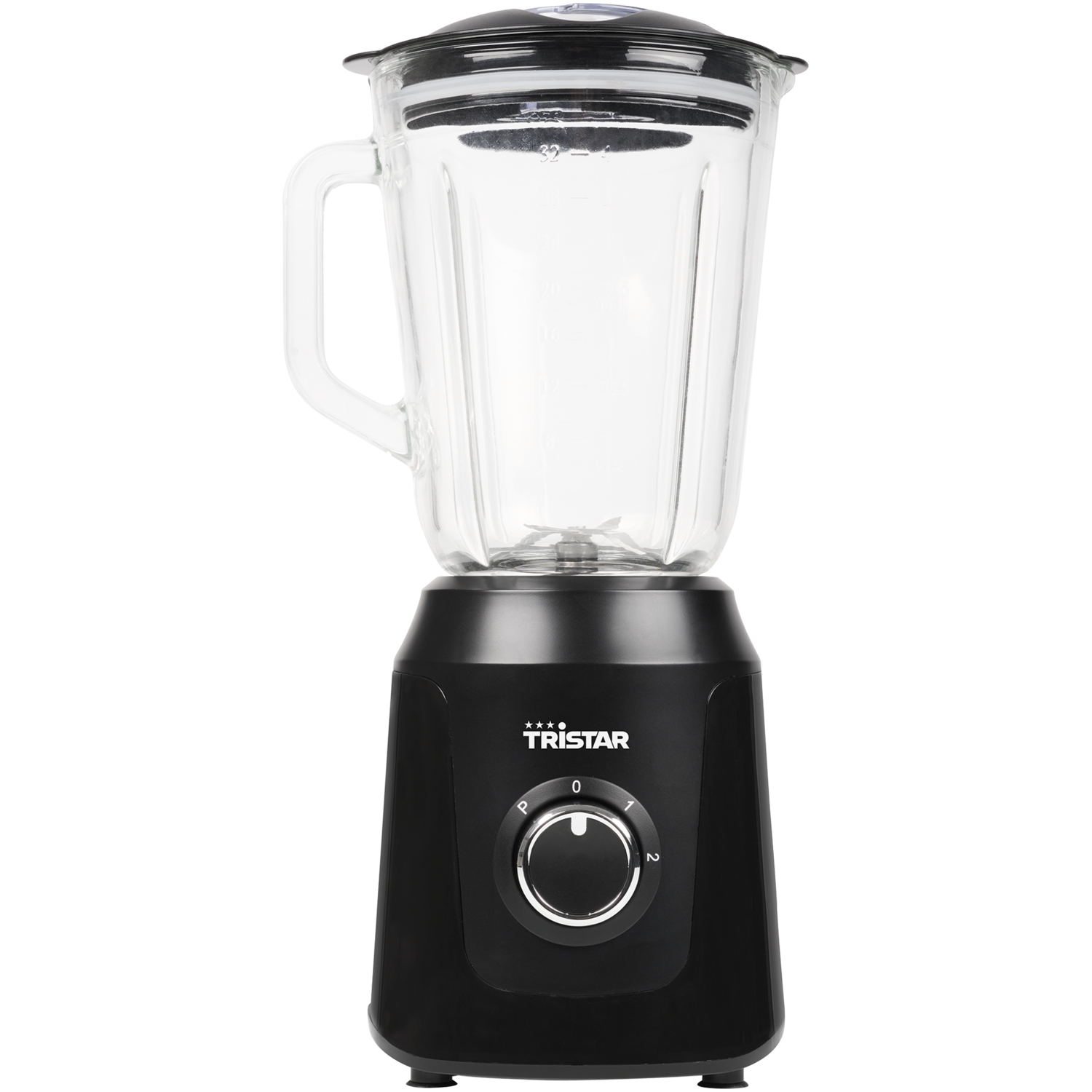 Black blender with a glass jar. It has a dial with numbers and a handle on the jar.