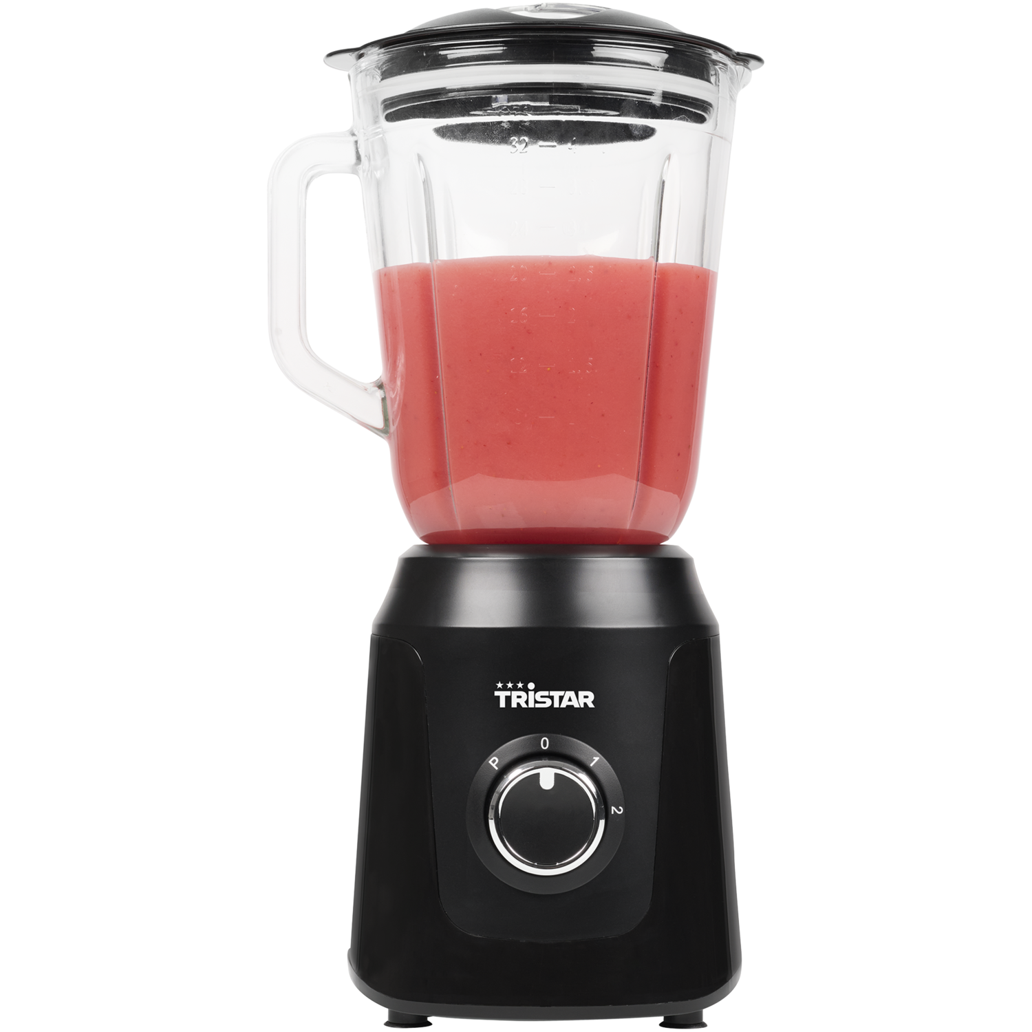 A black Tristar blender with a glass jar filled with pink smoothie is on a black surface.