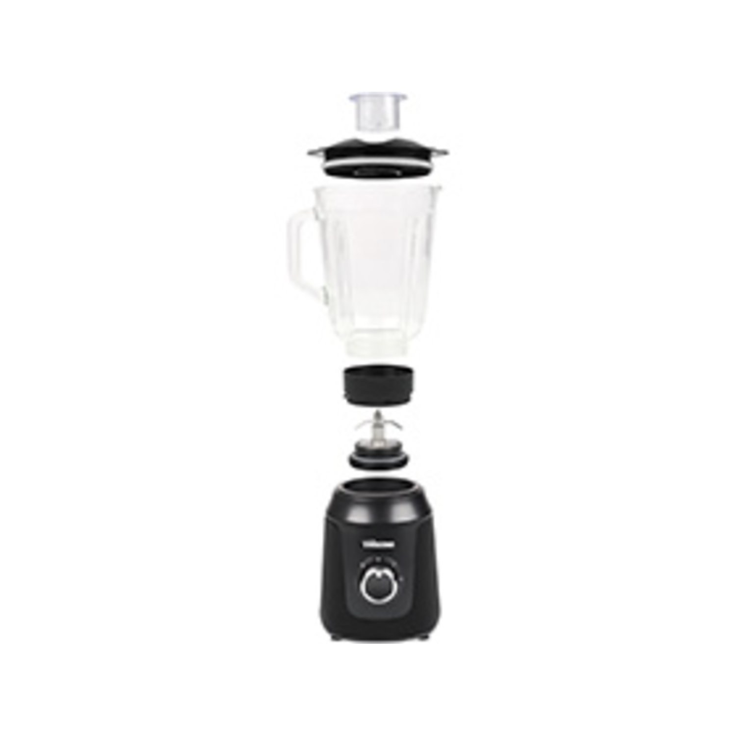 Blender disassembled, showing parts including base, blades, and the glass container.