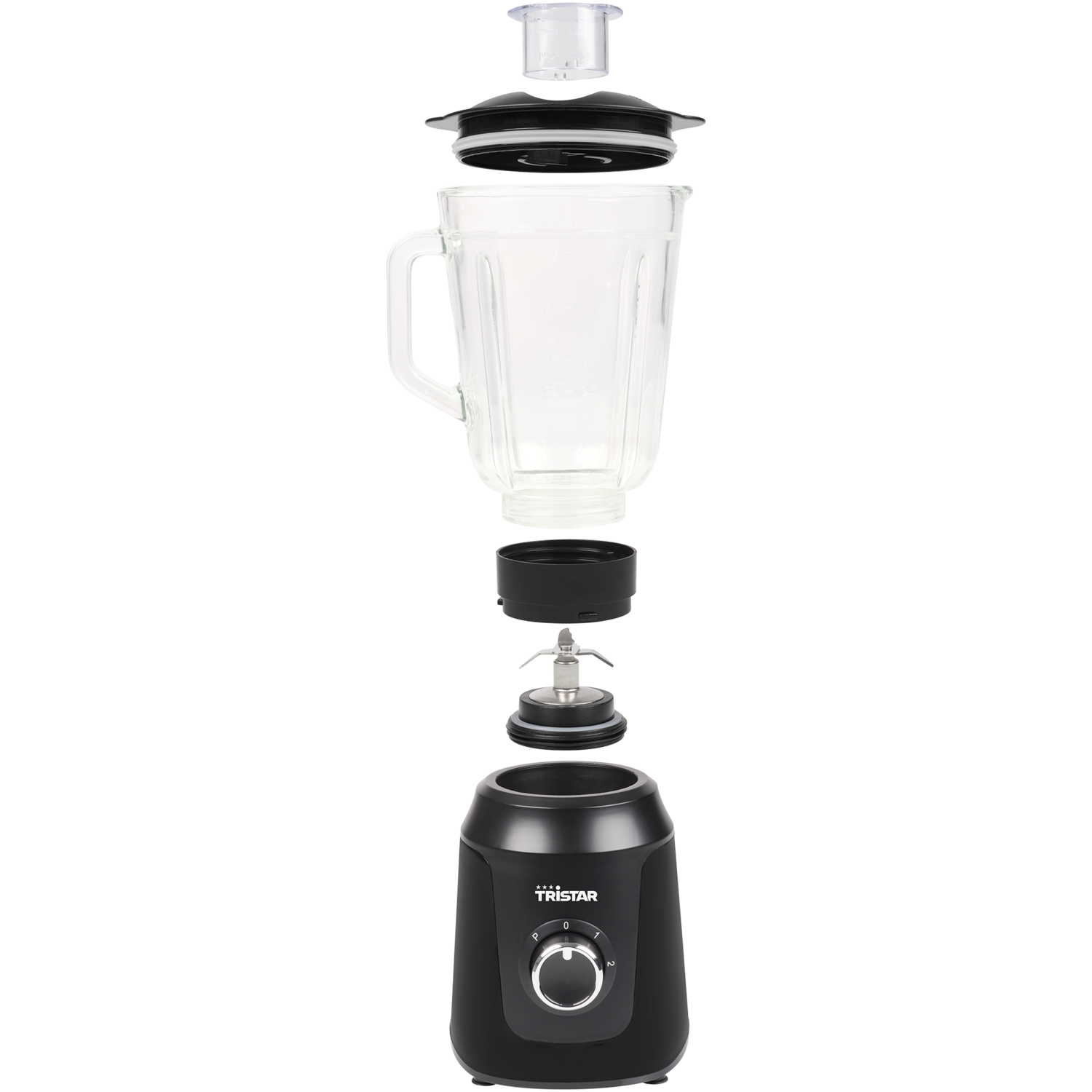 A disassembled blender, showing the parts: base, blade, jar, lid and top.