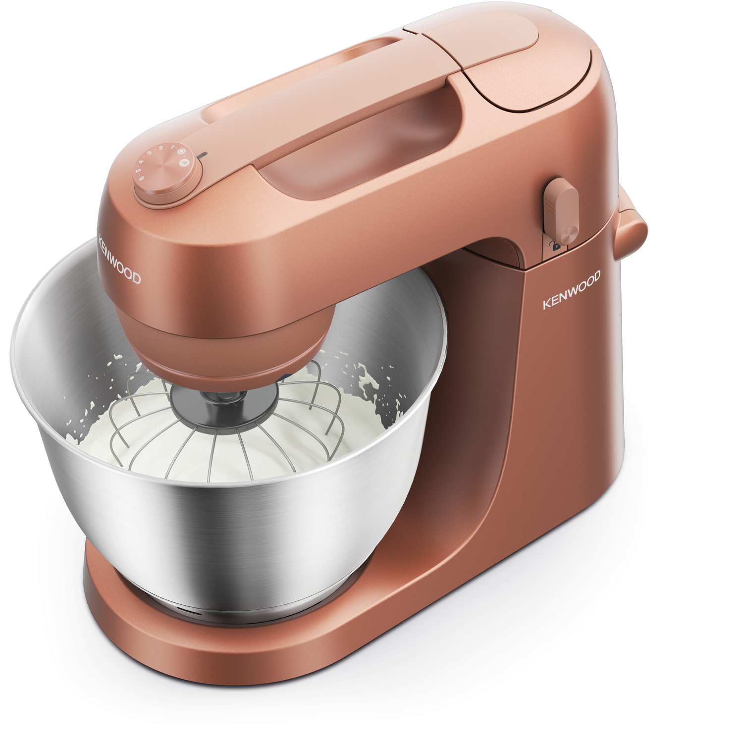 Copper-colored Kenwood stand mixer with bowl and whisk, on a white background.