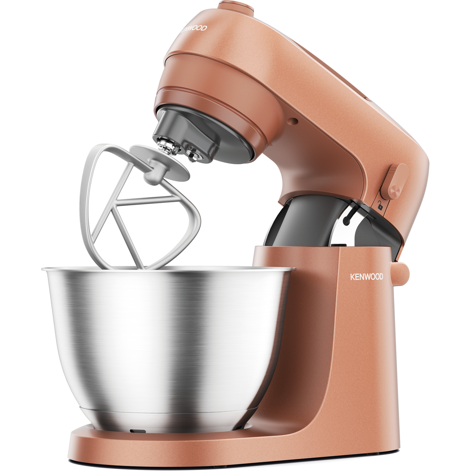 A copper-colored Kenwood stand mixer with a silver bowl and attachments.