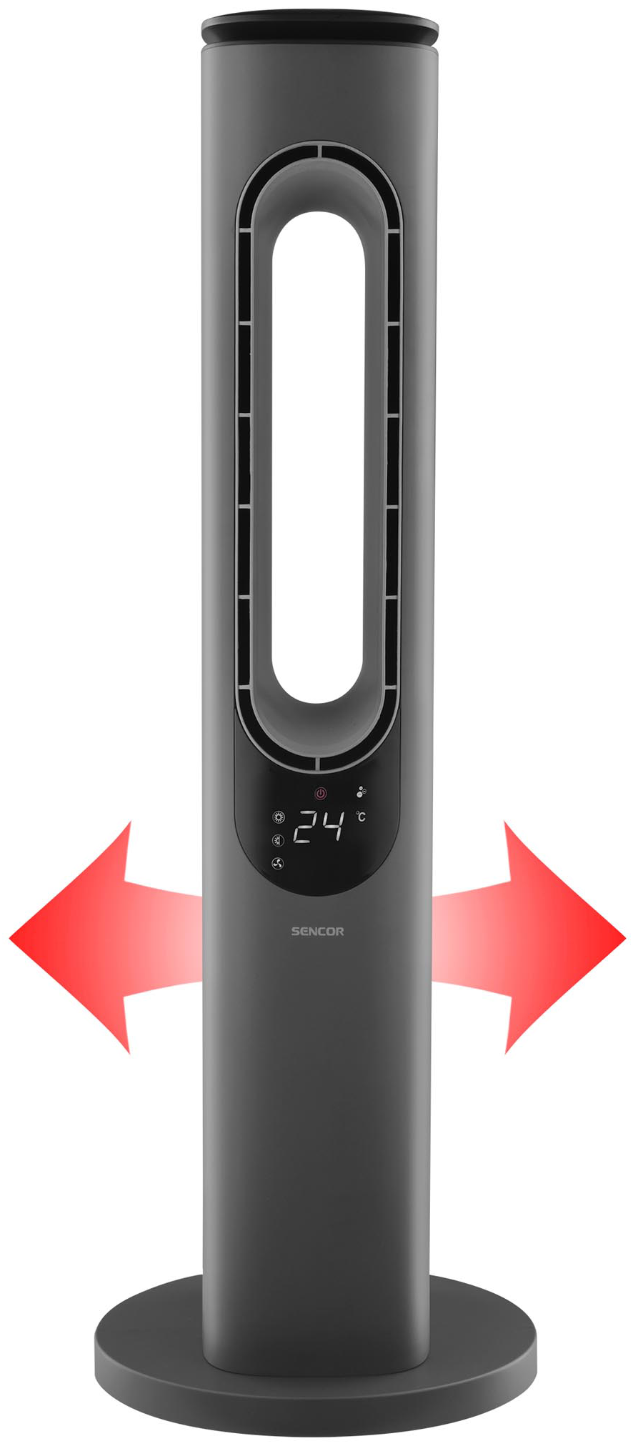 Magas szürke ventilátor, digitális kijelzővel, amely 24 Celsius-fokot mutat, és piros nyilak a mozgást jelzik.