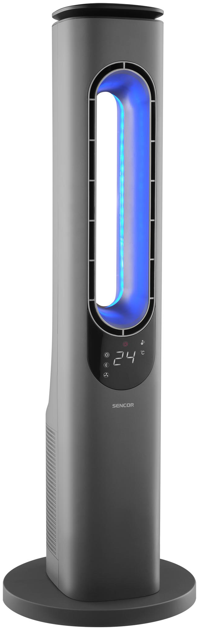 Egy magas, szürke, modern ventilátor kék fénnyel. Van egy digitális kijelzője.