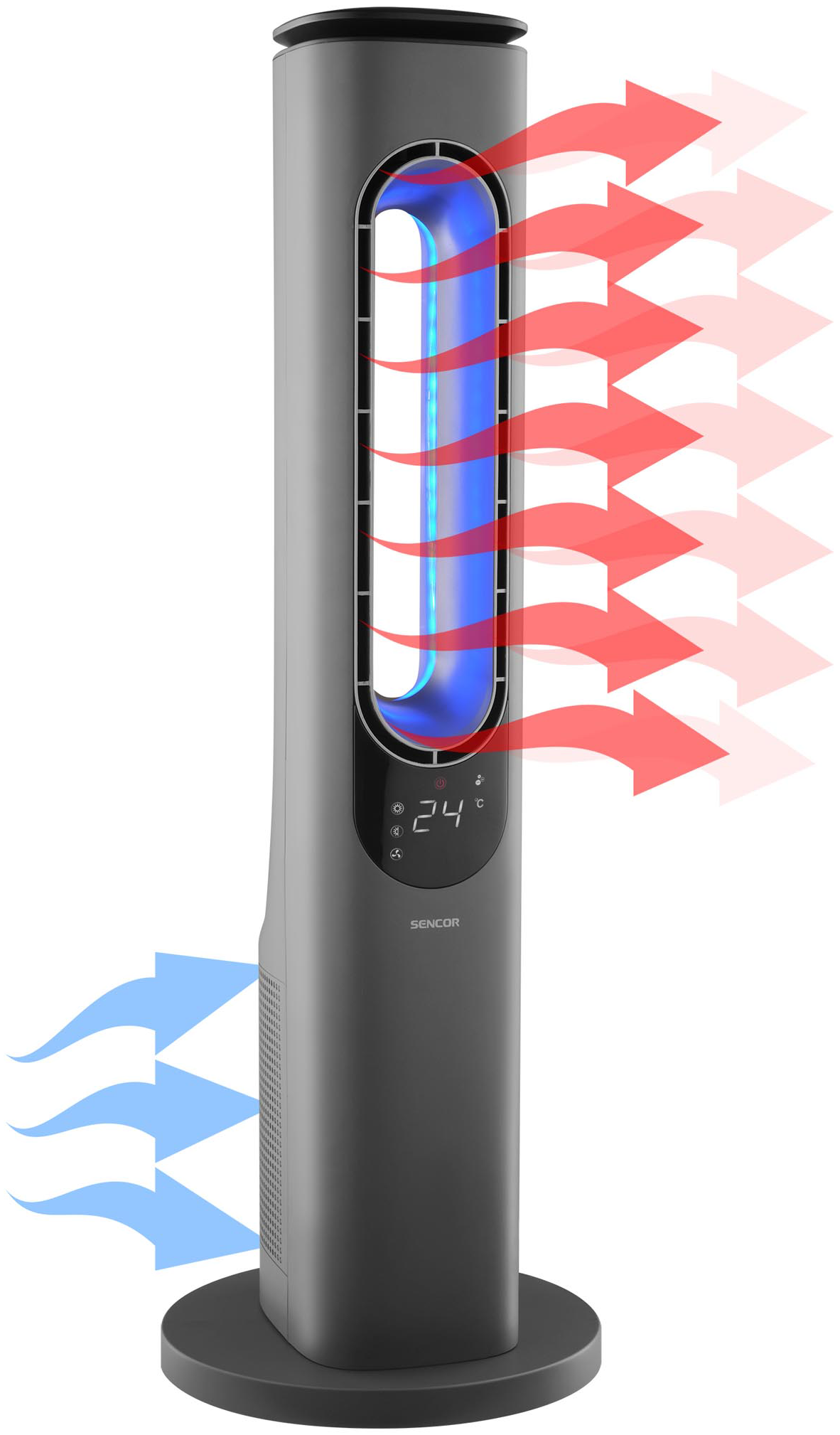 Egy sötétszürke toronyventilátor, piros és kék nyilakkal, amelyek a légáramlást jelzik.