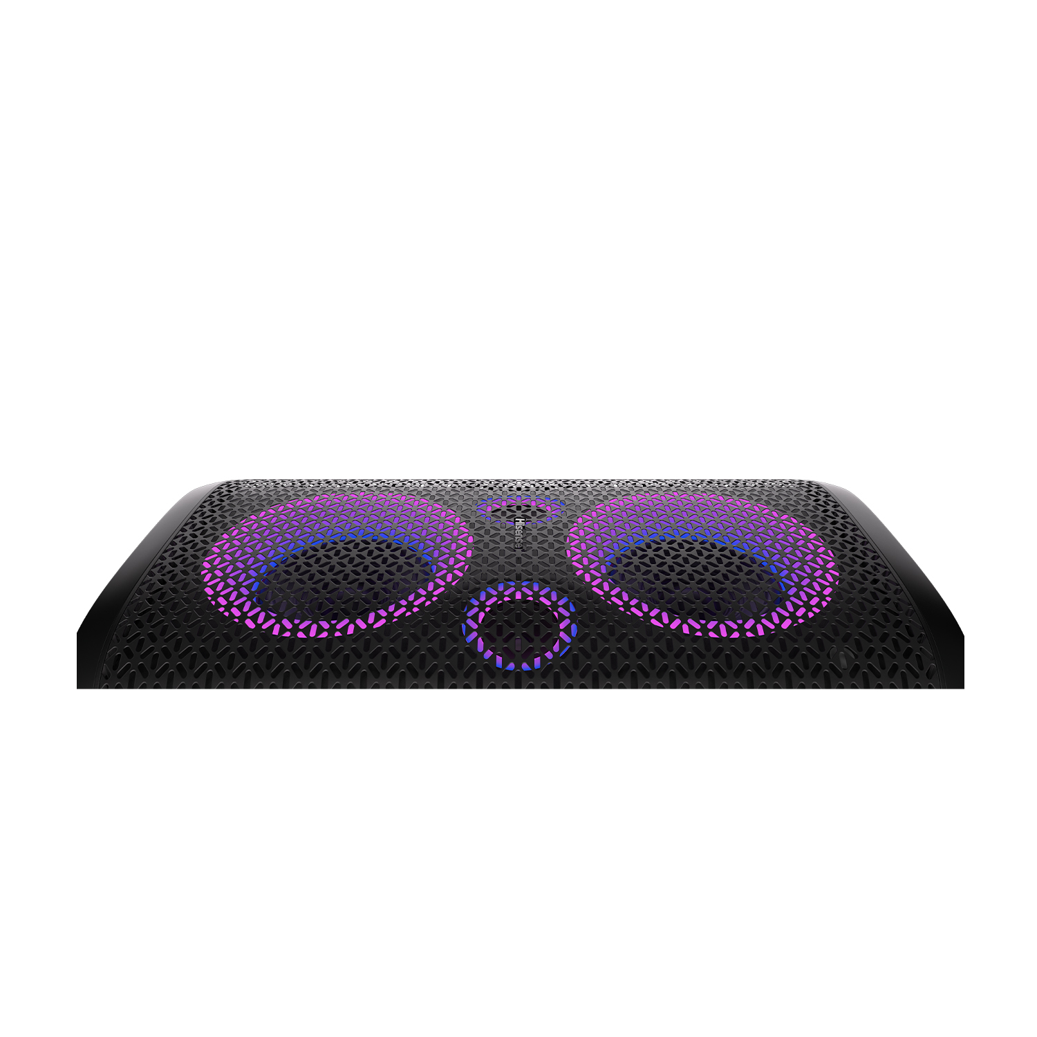 Altoparlante nero con accenti di luce viola e blu, con design a rete.