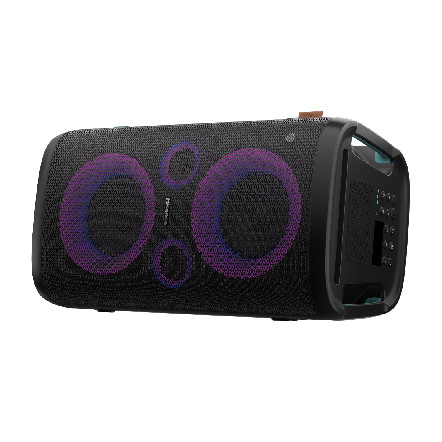 Altoparlante rettangolare nero con anelli luminosi viola e pannello di controllo.
