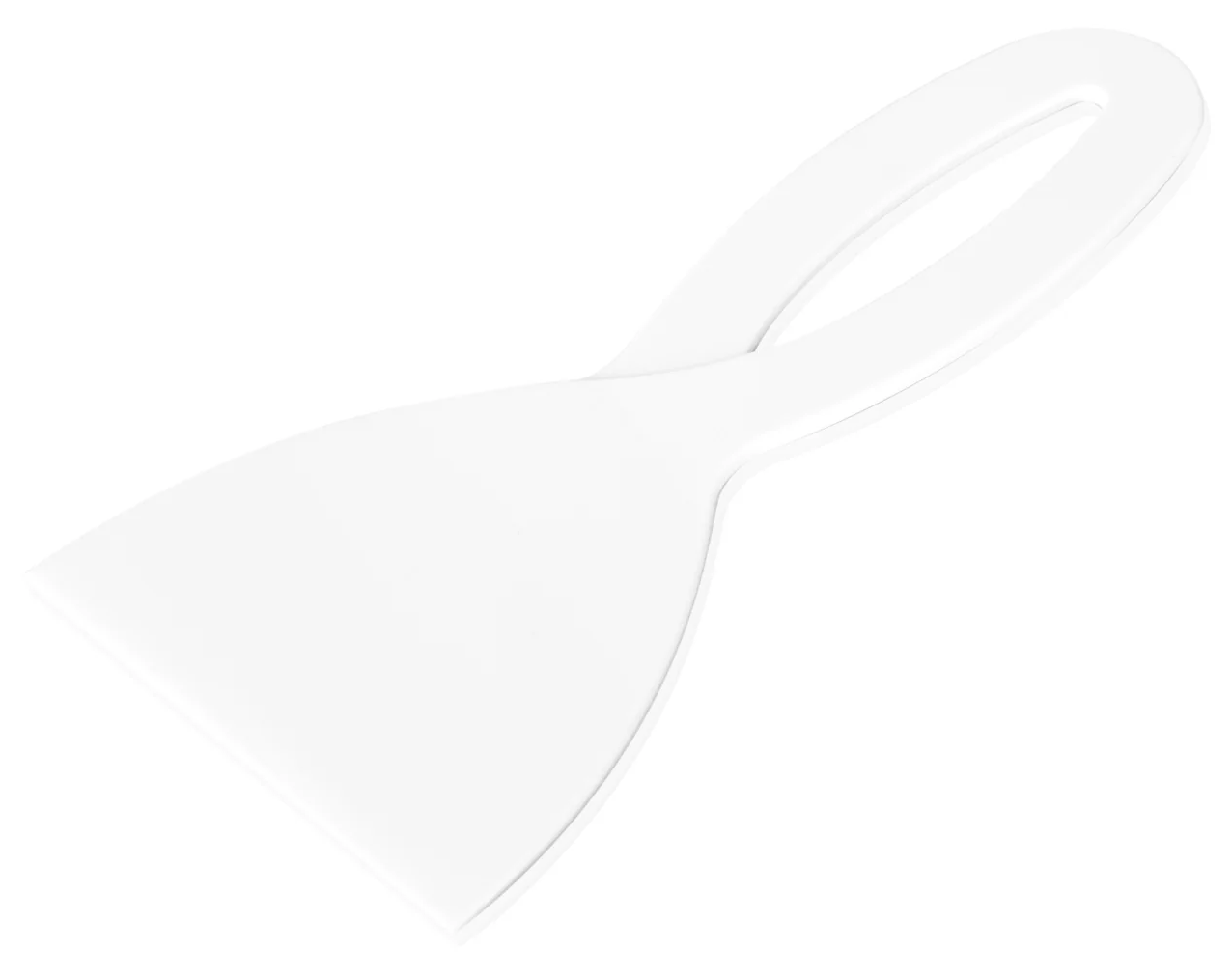 Fehér spatula ívelt nyéllel és lapos pengével, fehér háttéren.