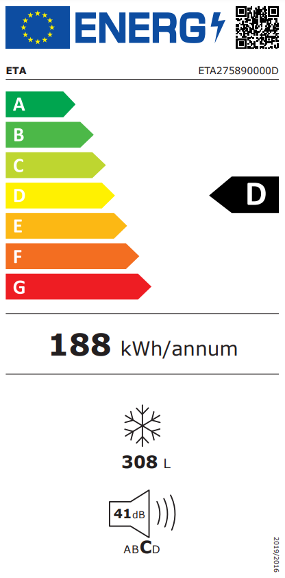 Egy energiacímke, amely egy termék energiahatékonysági besorolását mutatja, különböző fogyasztási adatokkal.